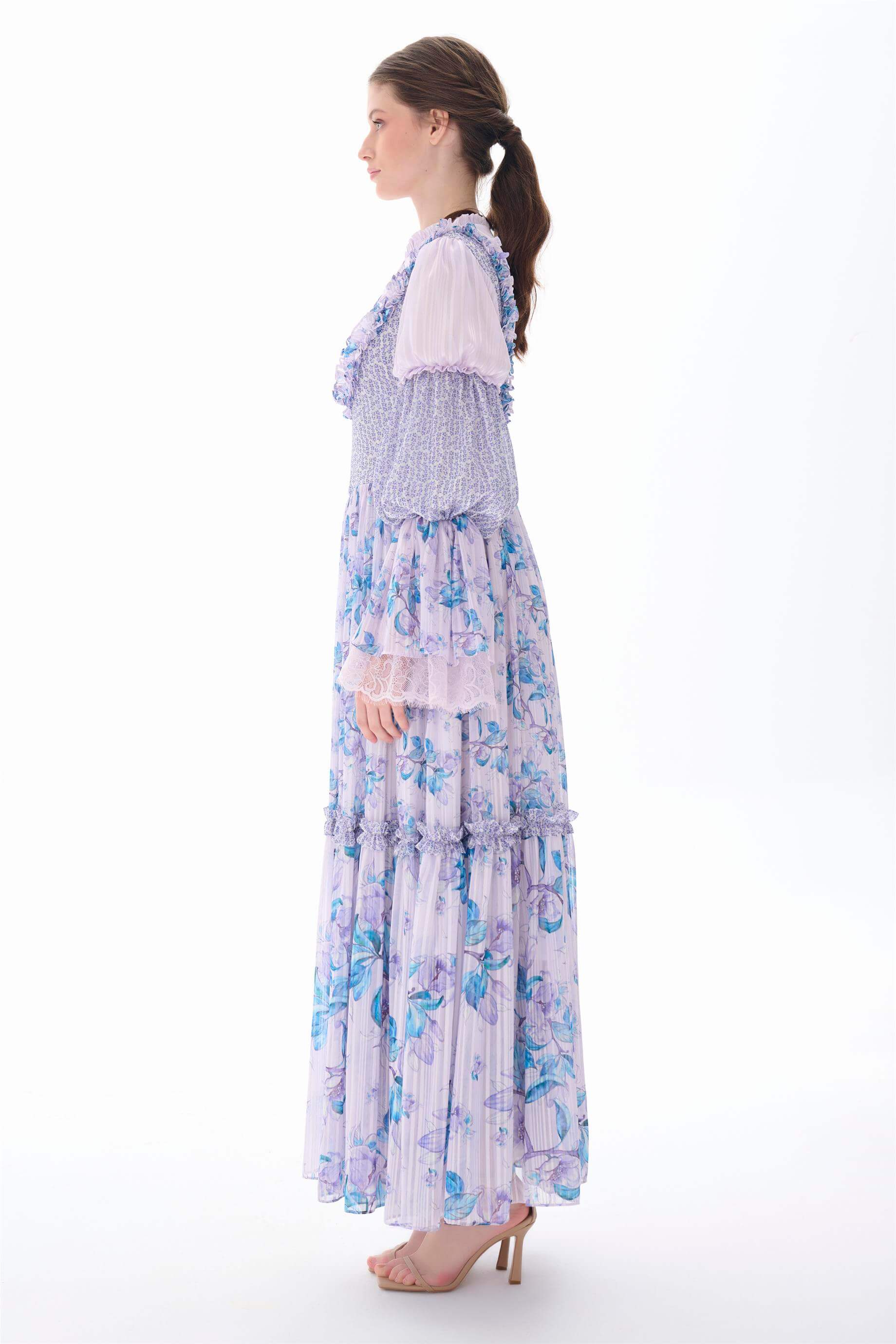 Miha-Kolları Kat Kat Fırfır Detaylı Elbi̇se Lila-Elbise-2-Milagron.com