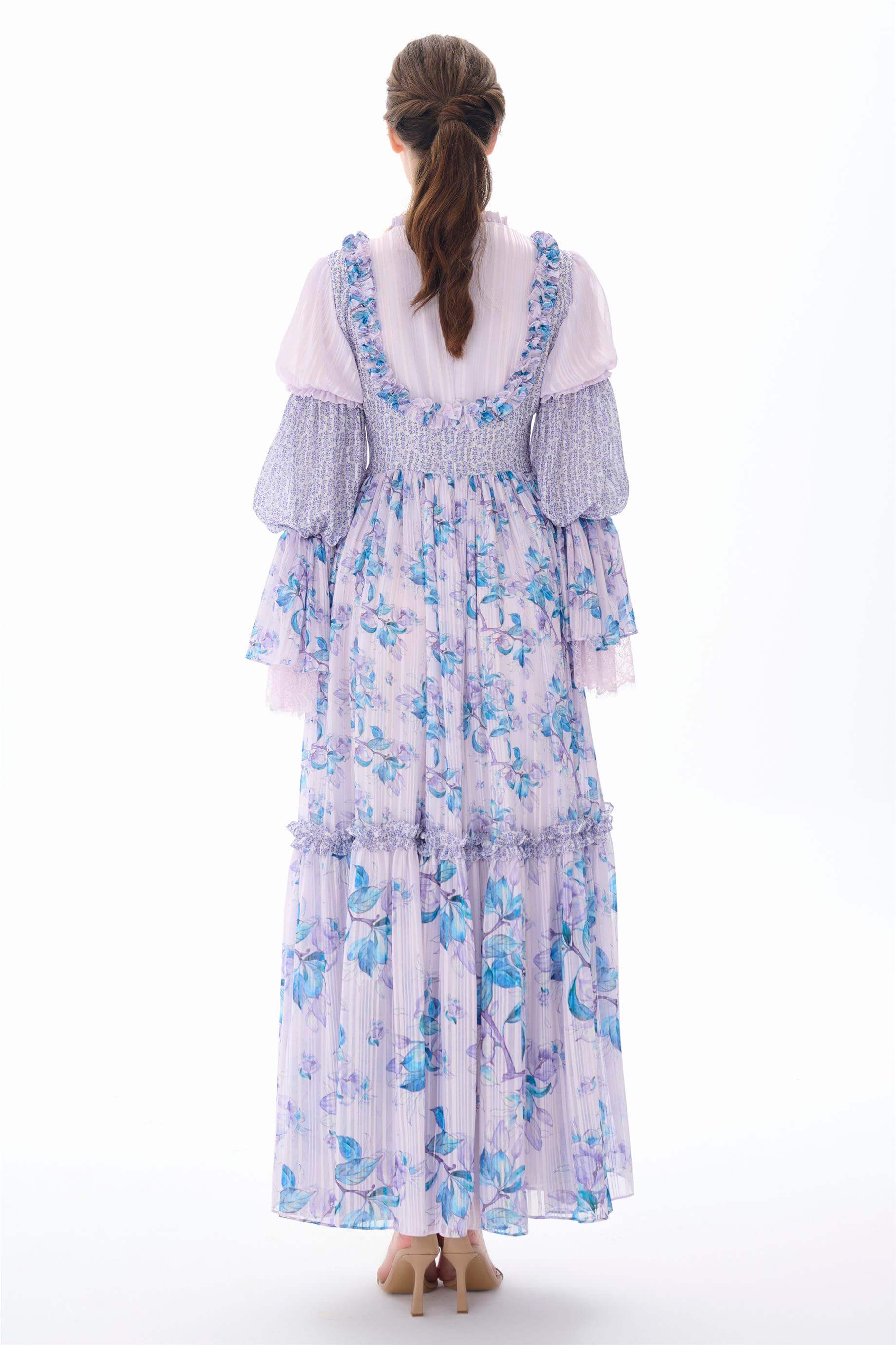 Miha-Kolları Kat Kat Fırfır Detaylı Elbi̇se Lila-Elbise-3-Milagron.com