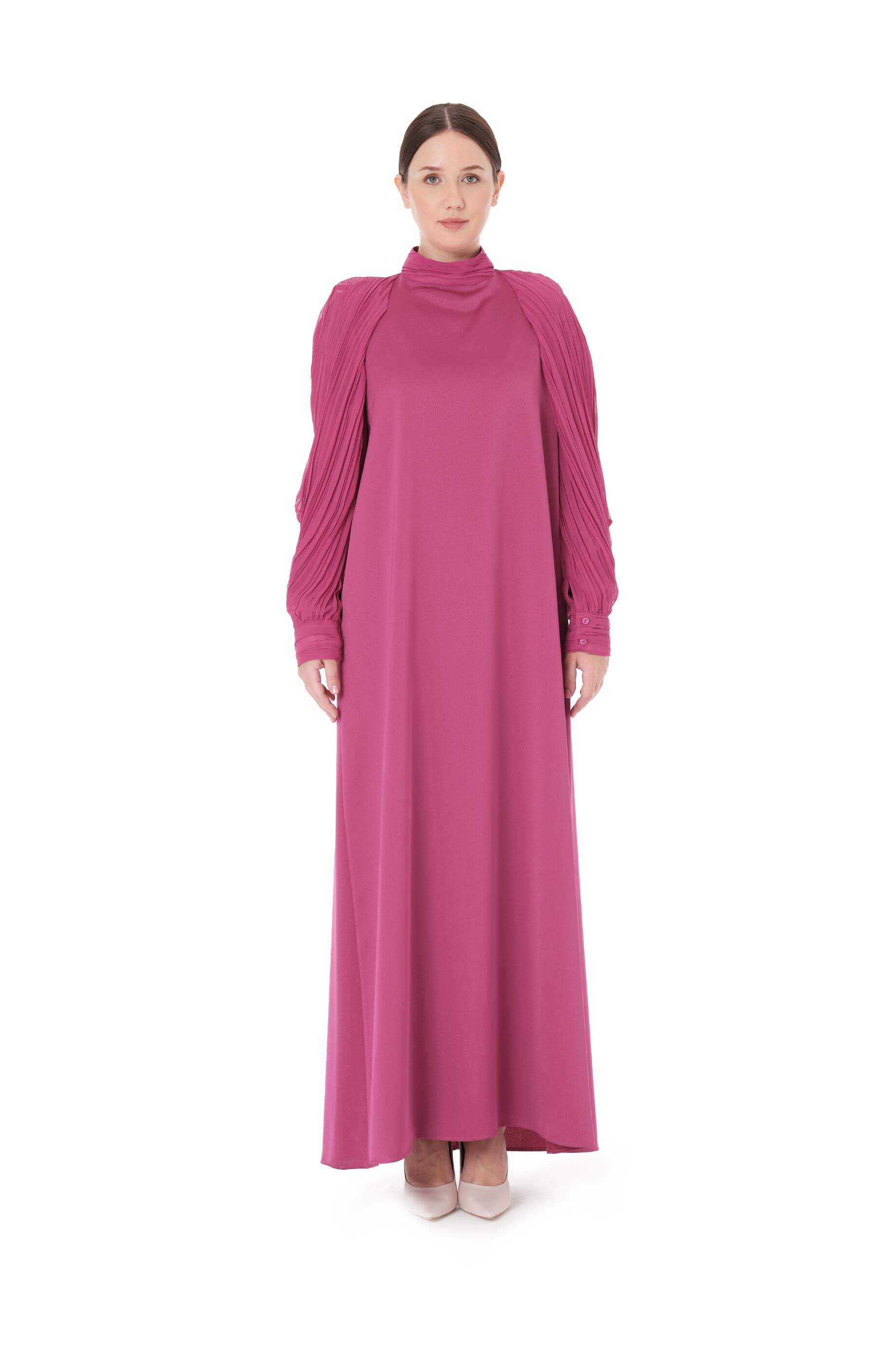 Miha-Kolları Pli̇se Detaylı Uzun Elbi̇se-Elbise-5-Milagron.com