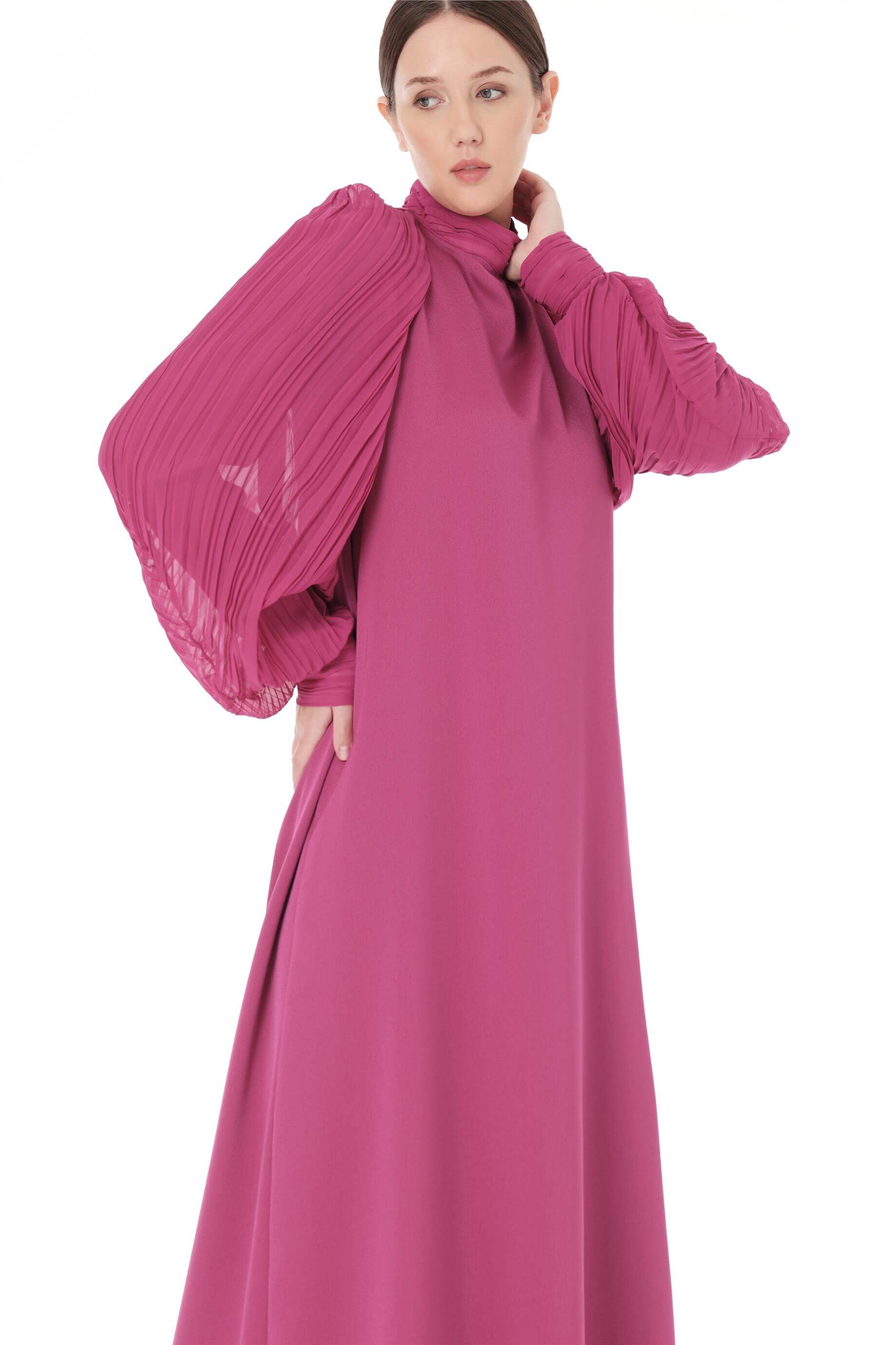 Miha-Kolları Pli̇se Detaylı Uzun Elbi̇se-Elbise-8-Milagron.com