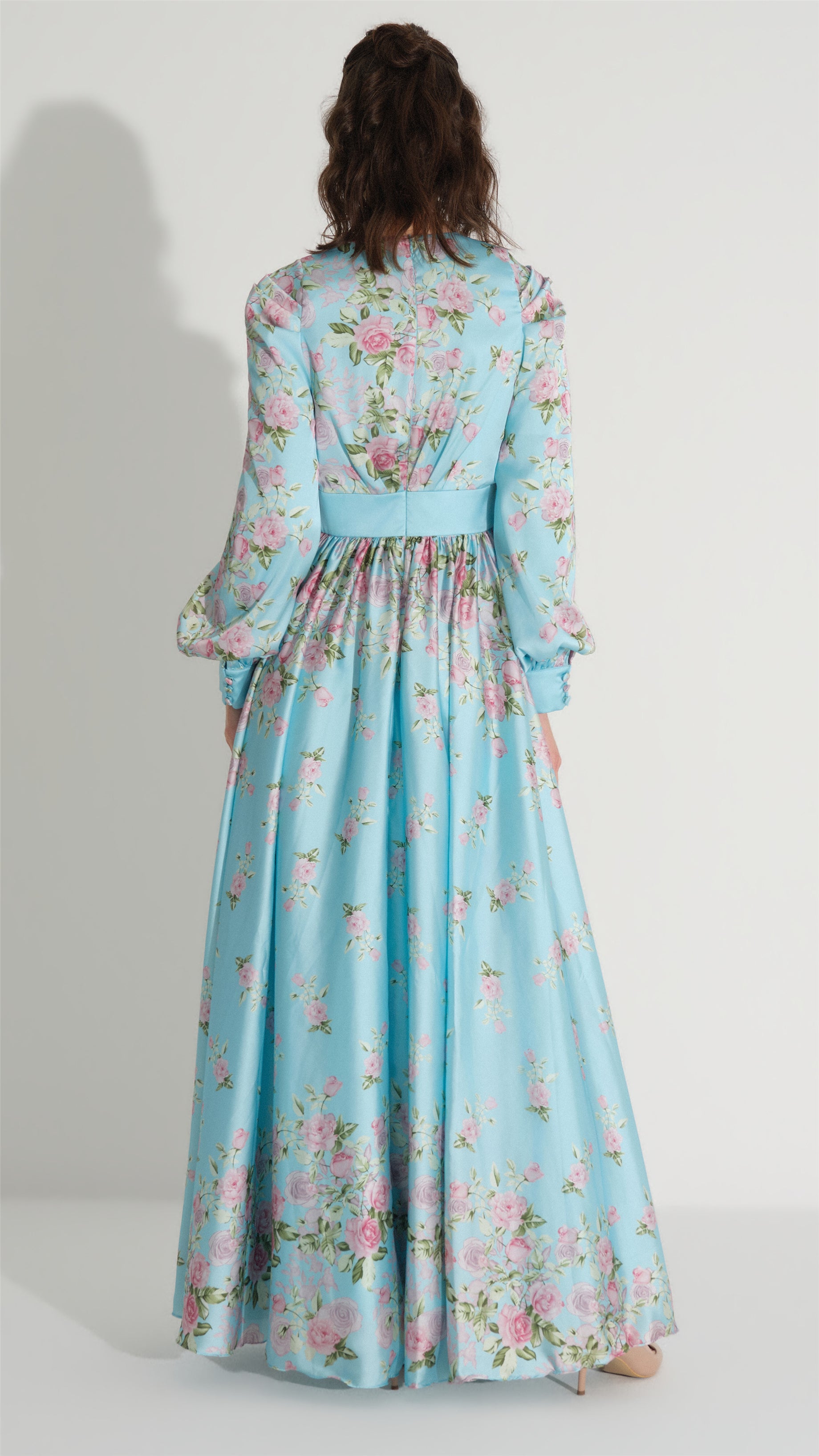 Su Yol Desenli Saten ElbiSe Mavi