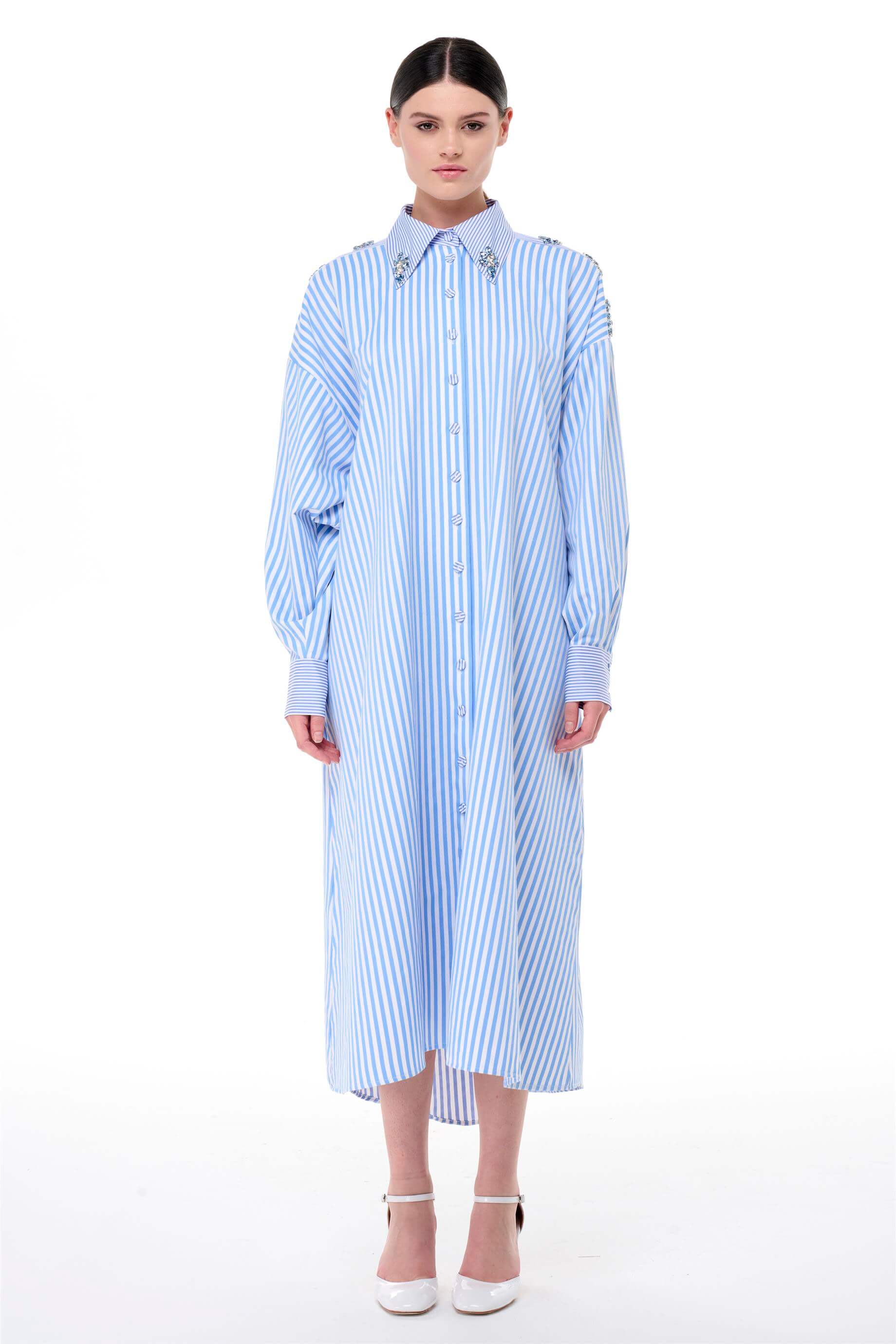 Miha-Taş İşlemeli̇ Çi̇zgi̇li̇ Popli̇n Elbi̇se-Elbise-1-Milagron.com