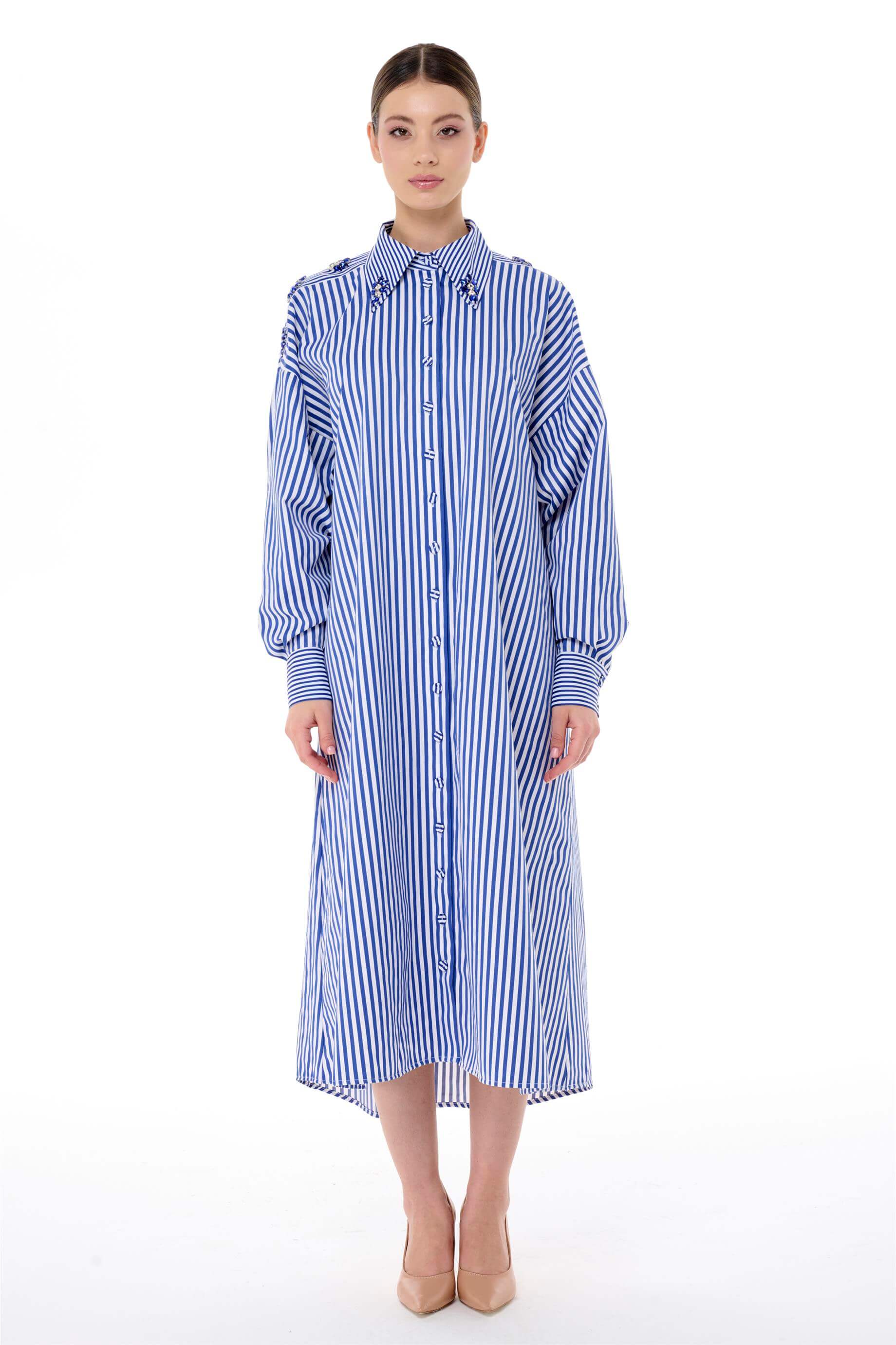 Miha-Taş İşlemeli̇ Çi̇zgi̇li̇ Popli̇n Elbi̇se-Elbise-5-Milagron.com