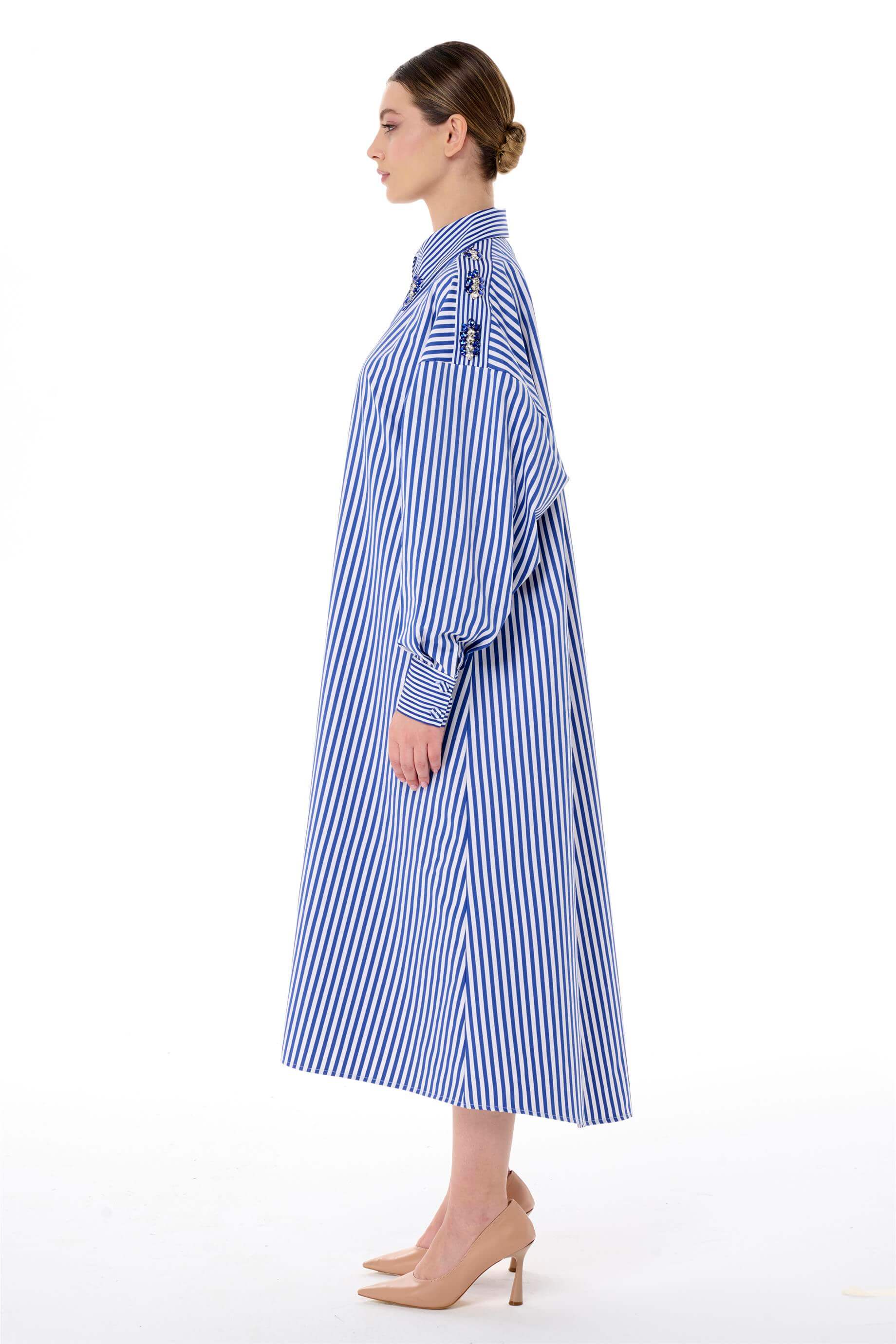 Miha-Taş İşlemeli̇ Çi̇zgi̇li̇ Popli̇n Elbi̇se-Elbise-6-Milagron.com