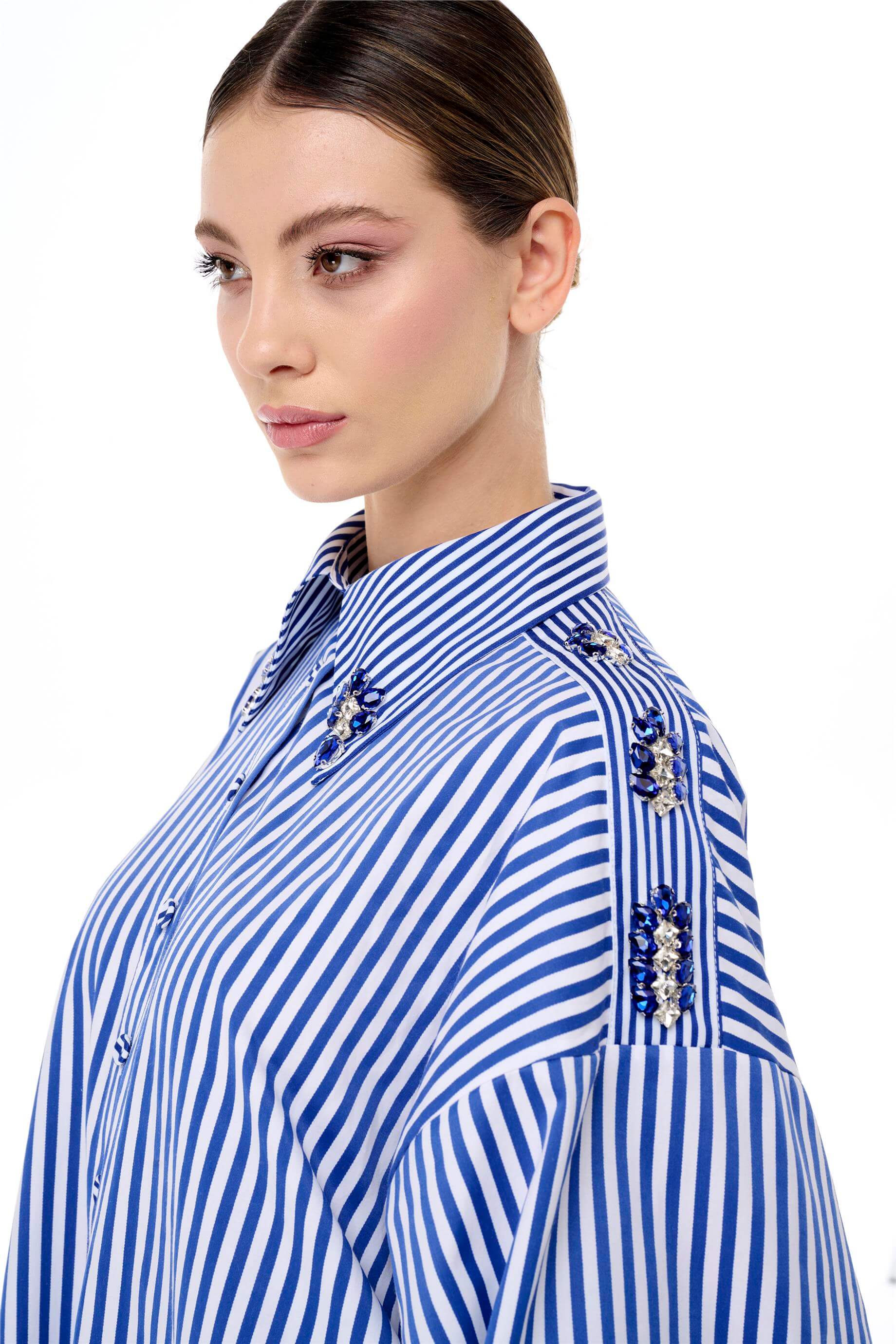 Miha-Taş İşlemeli̇ Çi̇zgi̇li̇ Popli̇n Elbi̇se-Elbise-8-Milagron.com