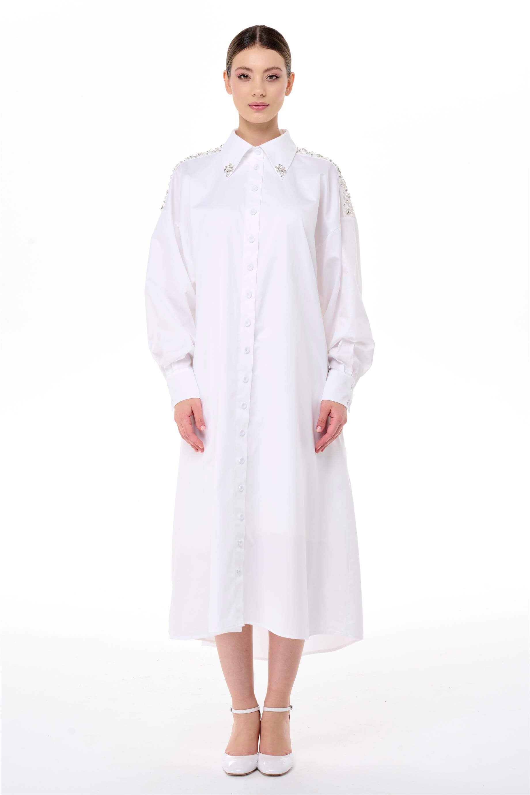 Miha-Taş İşlemeli̇ Popli̇n Elbi̇se-Elbise-1-Milagron.com