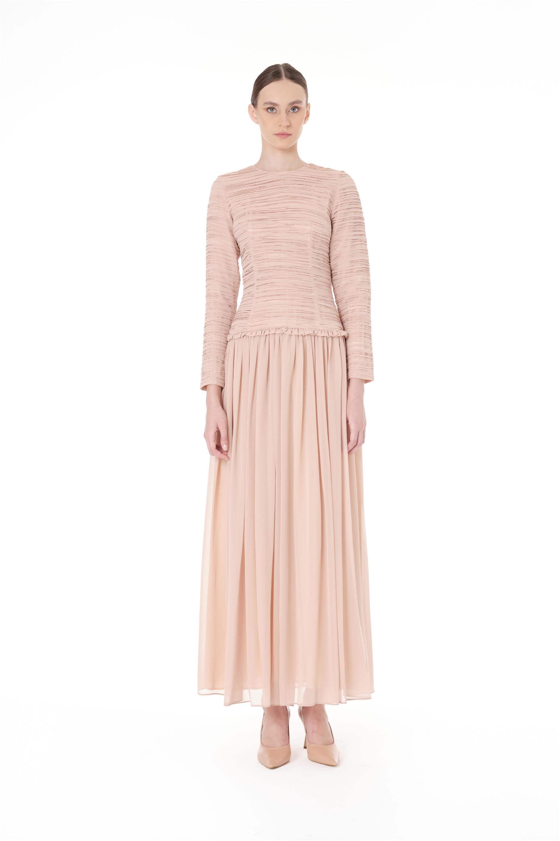 Miha-Üstü Pli̇seli̇ Beli̇ Fırfır Büzgülü Elbi̇se-Elbise-1-Milagron.com