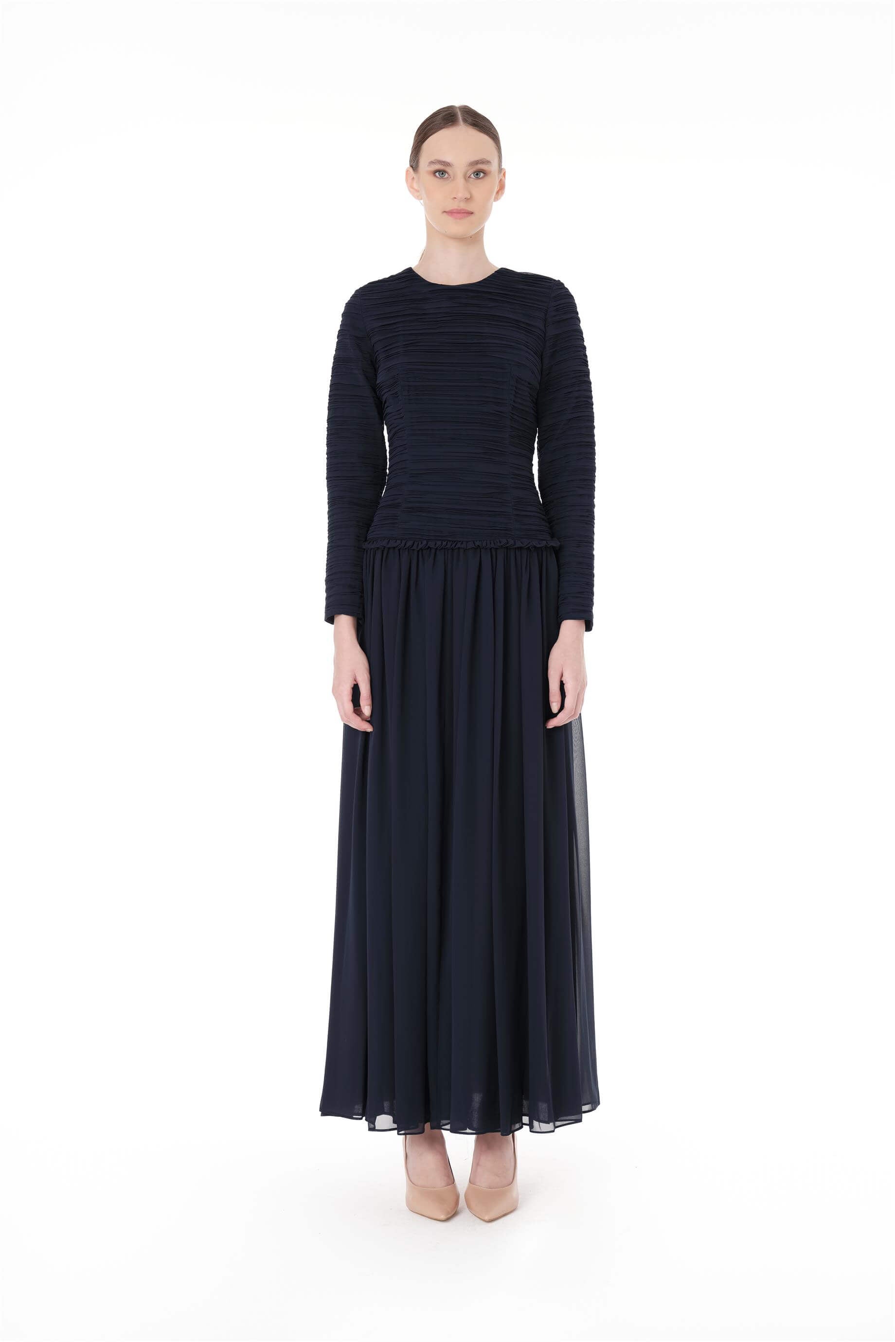 Miha-Üstü Pli̇seli̇ Beli̇ Fırfır Büzgülü Elbi̇se-Elbise-4-Milagron.com