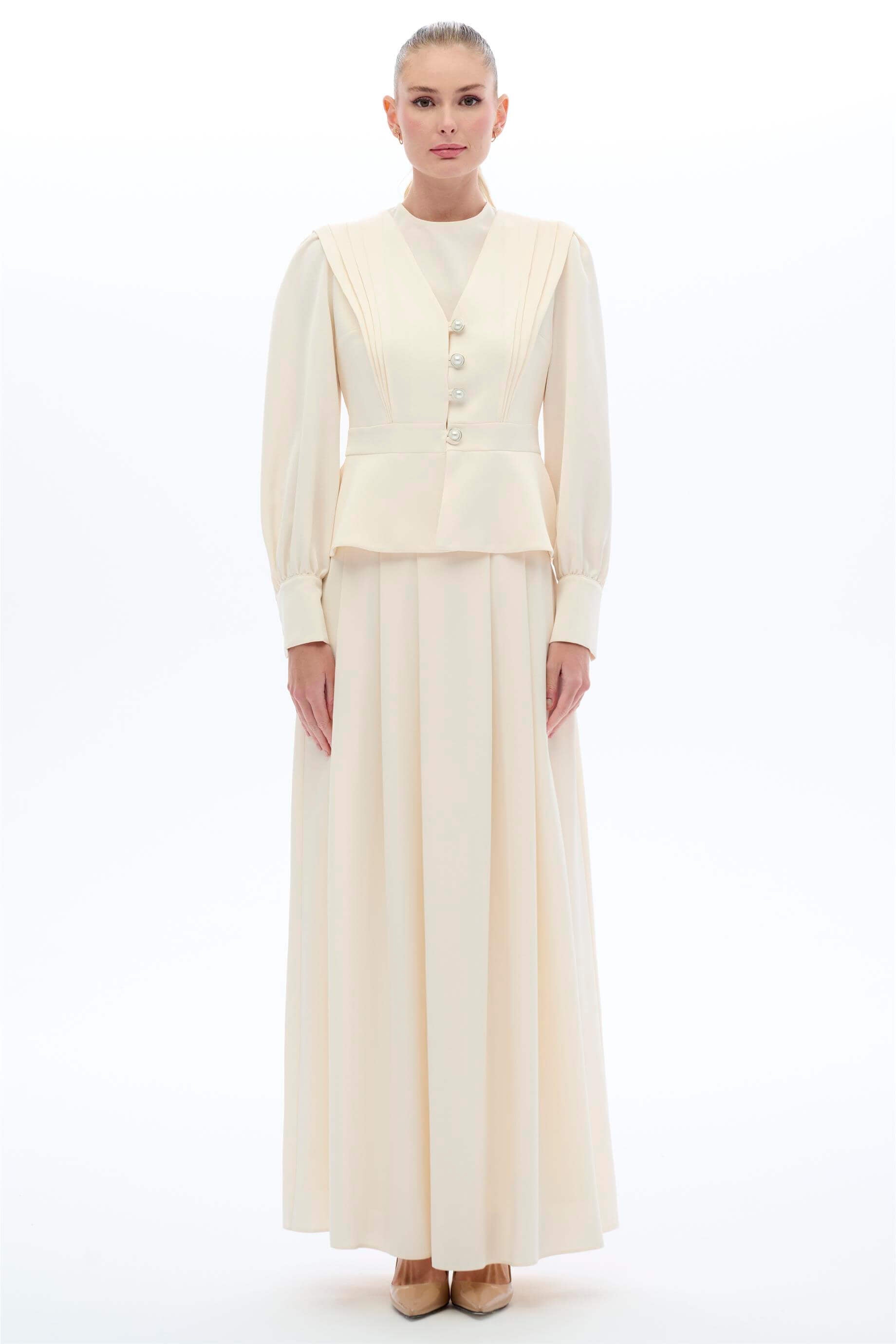 Miha-Vi̇ntage Görünümlü Etek Bluz Takim Ekru-1-Milagron.com