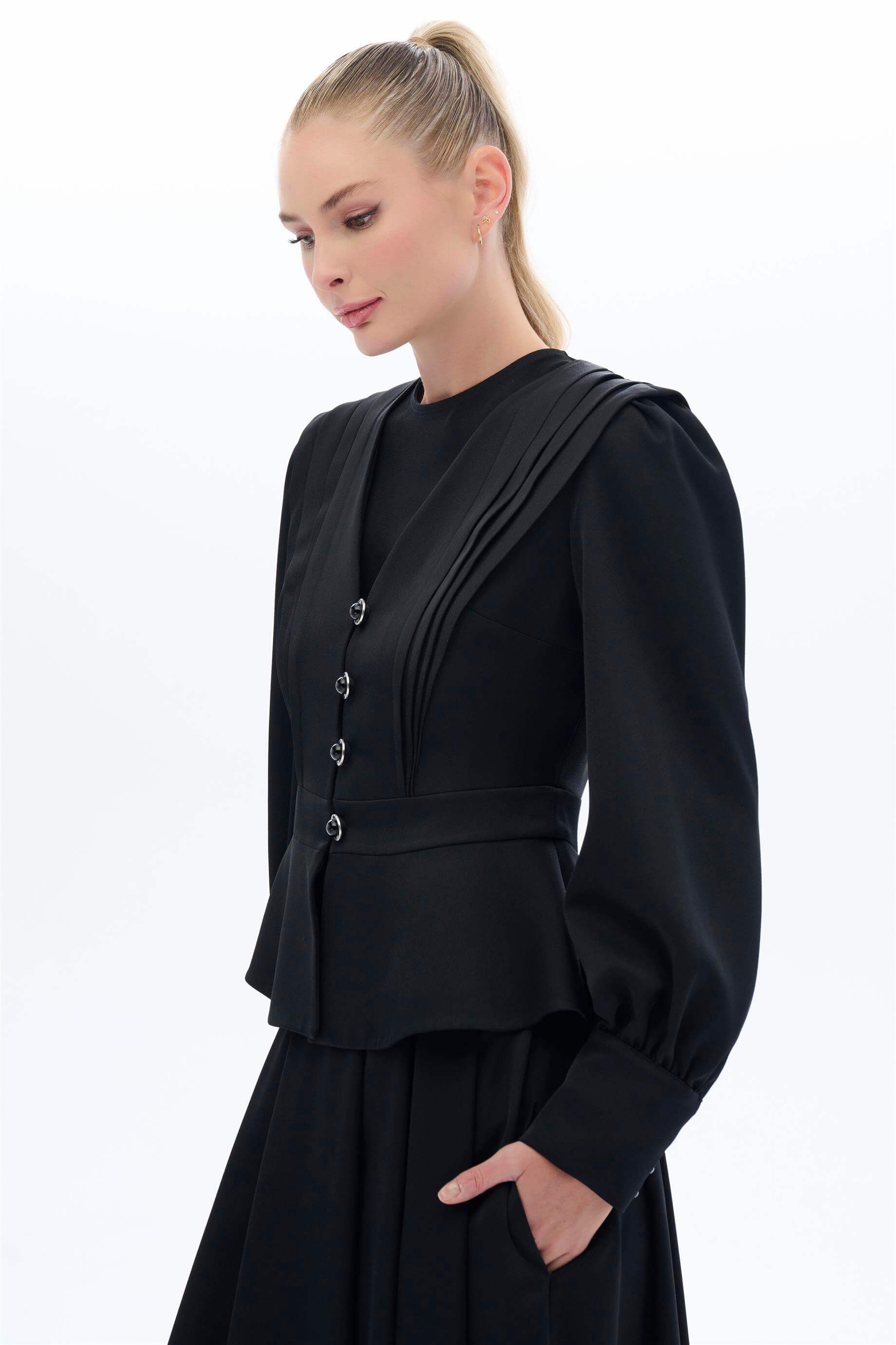 Miha-Vi̇ntage Görünümlü Etek Bluz Takim Ekru-10-Milagron.com