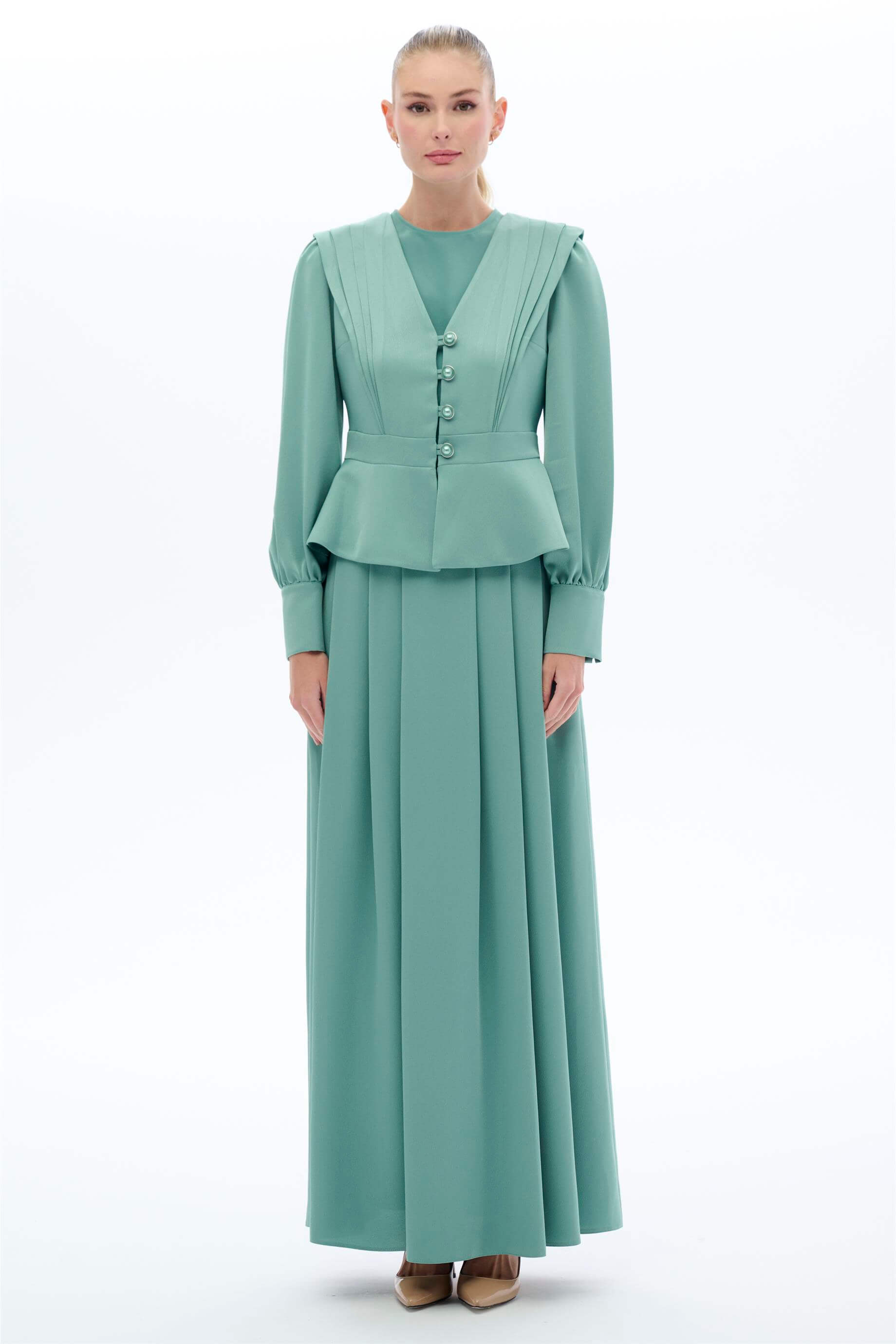 Miha-Vi̇ntage Görünümlü Etek Bluz Takim Ekru-13-Milagron.com