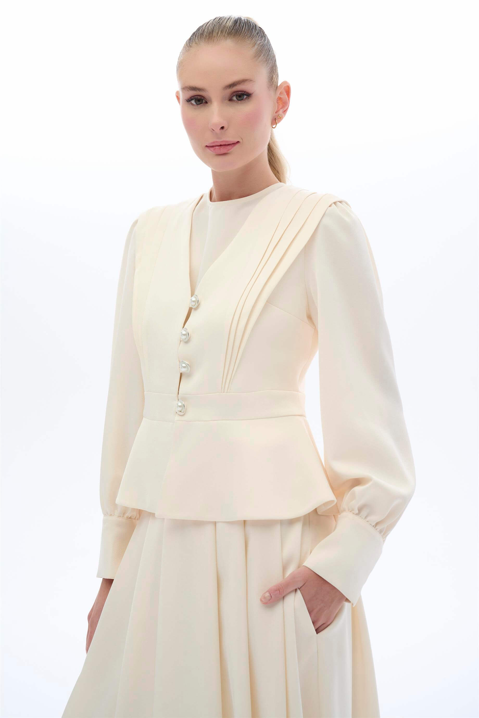 Miha-Vi̇ntage Görünümlü Etek Bluz Takim Ekru-2-Milagron.com