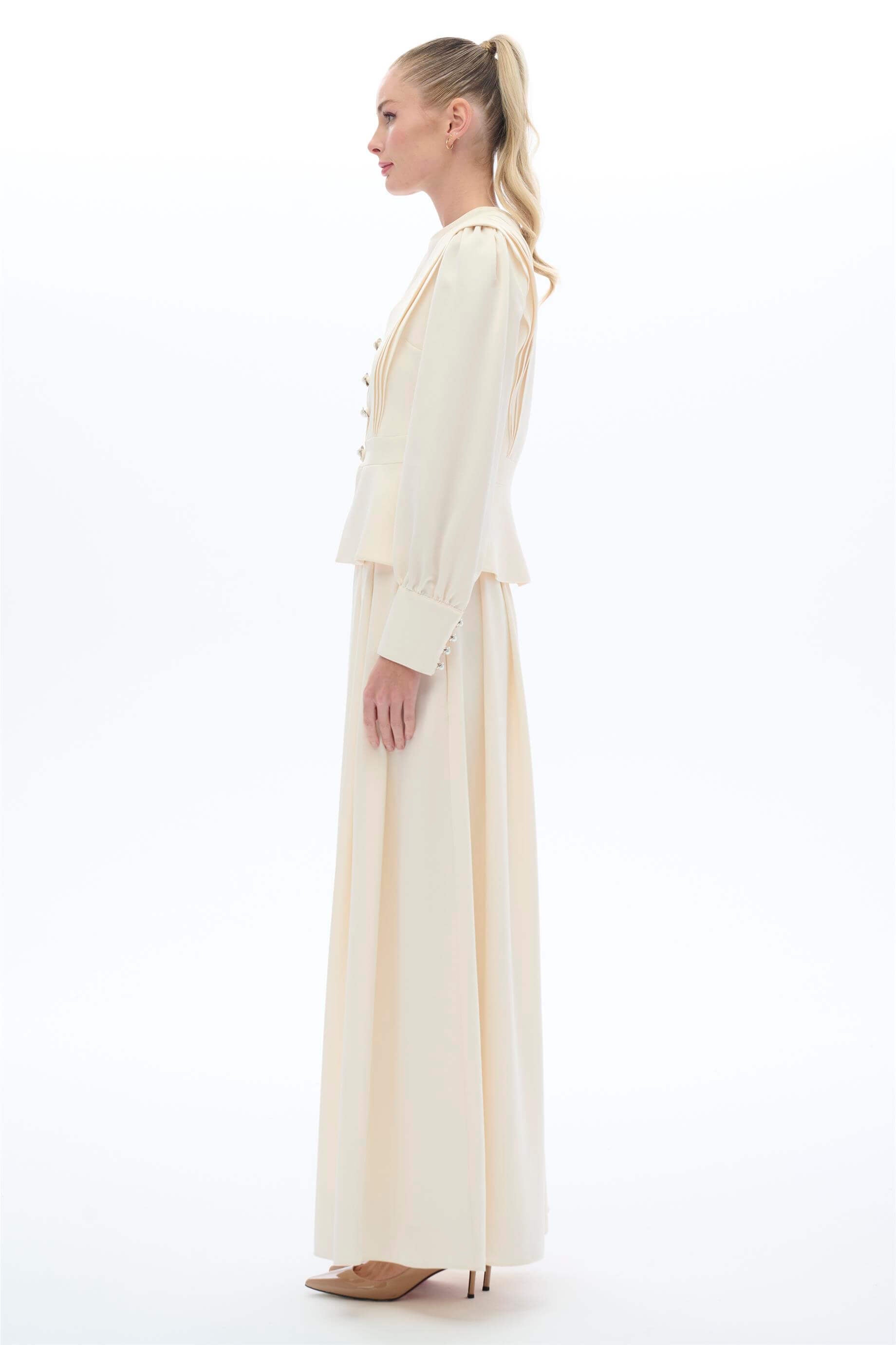 Miha-Vi̇ntage Görünümlü Etek Bluz Takim Ekru-3-Milagron.com