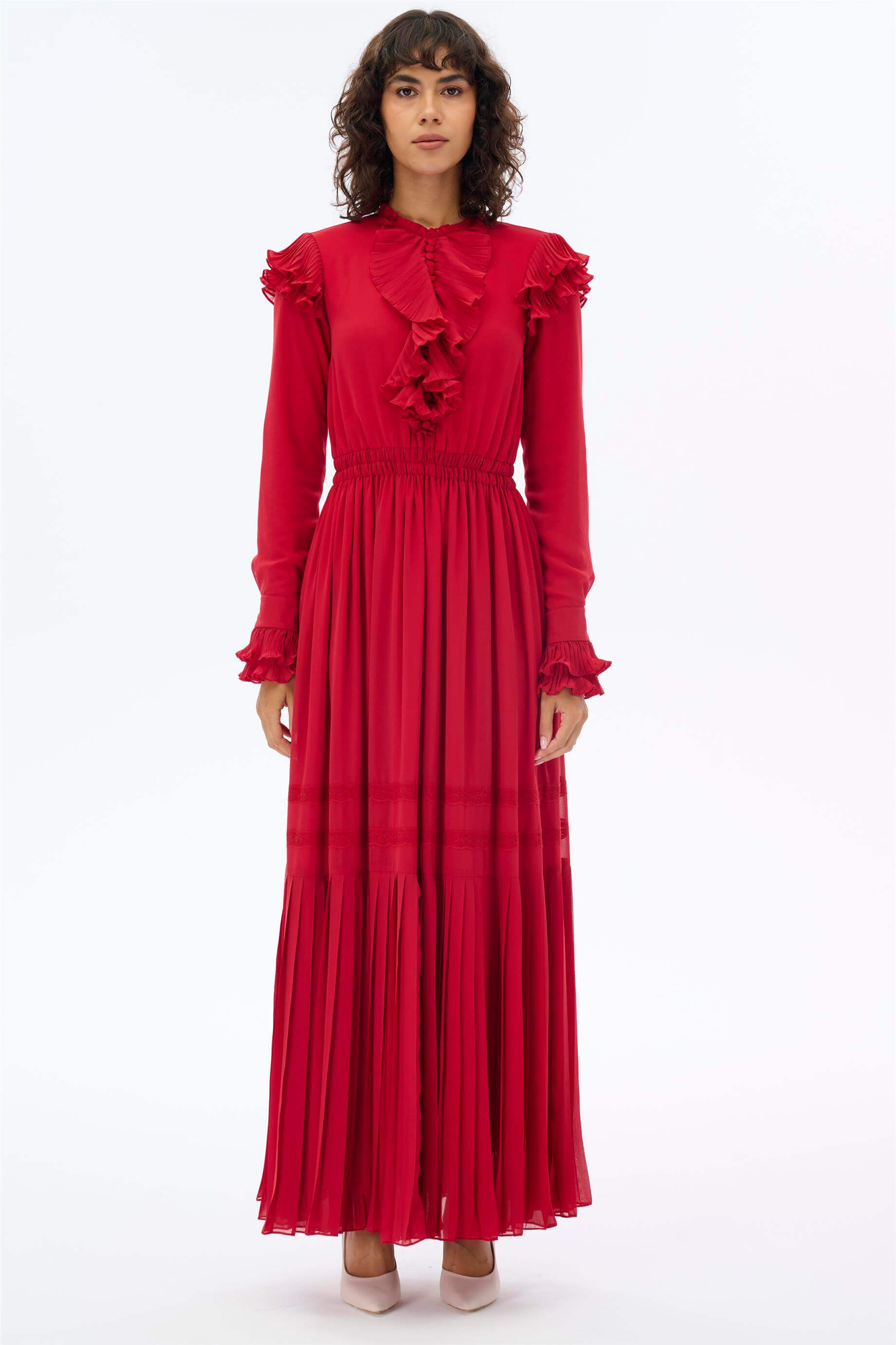 Miha-Yaka Detayı Pi̇li̇seli̇ Retro Elbi̇se-Elbise-1-Milagron.com