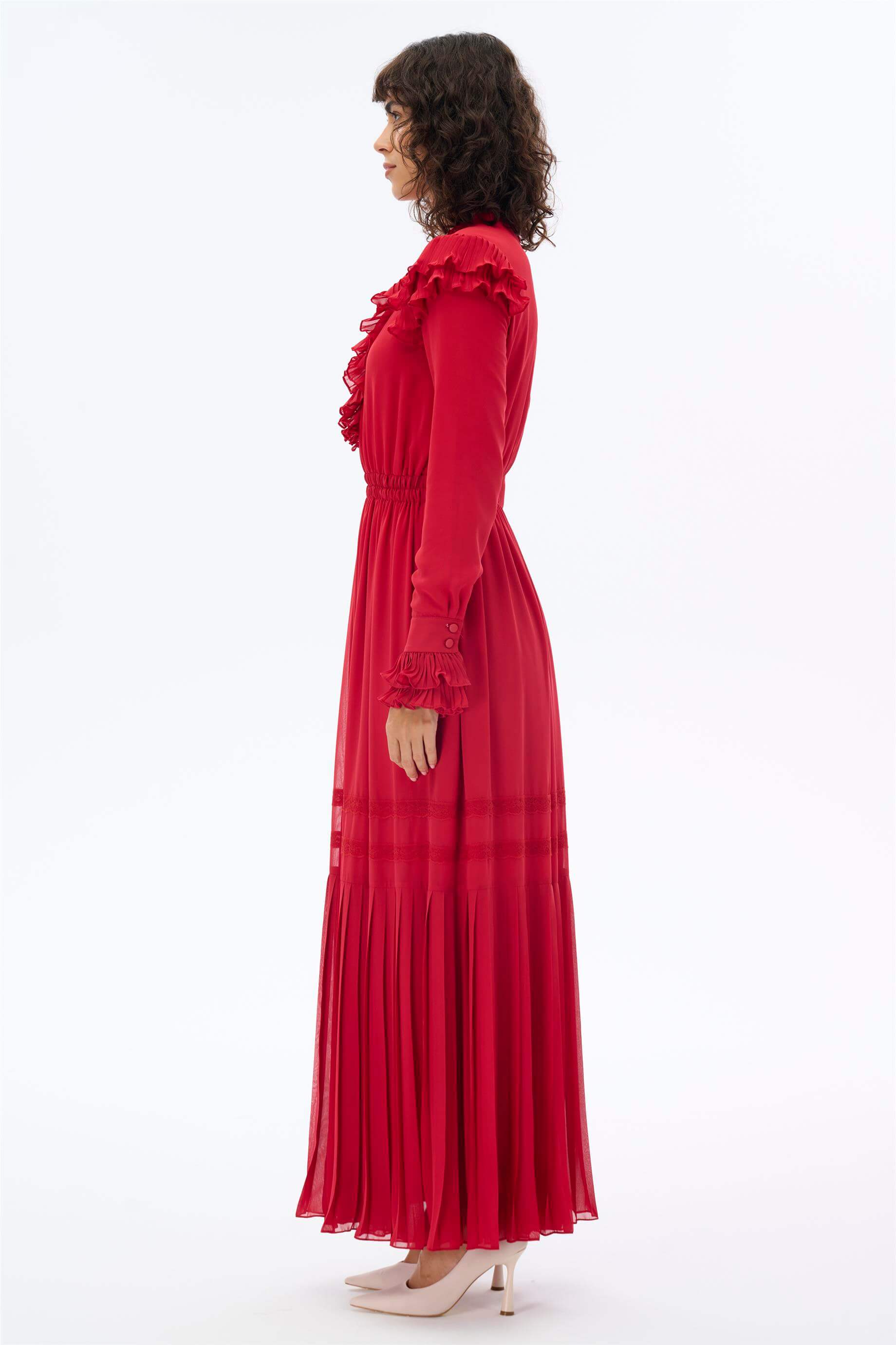 Miha-Yaka Detayı Pi̇li̇seli̇ Retro Elbi̇se-Elbise-2-Milagron.com