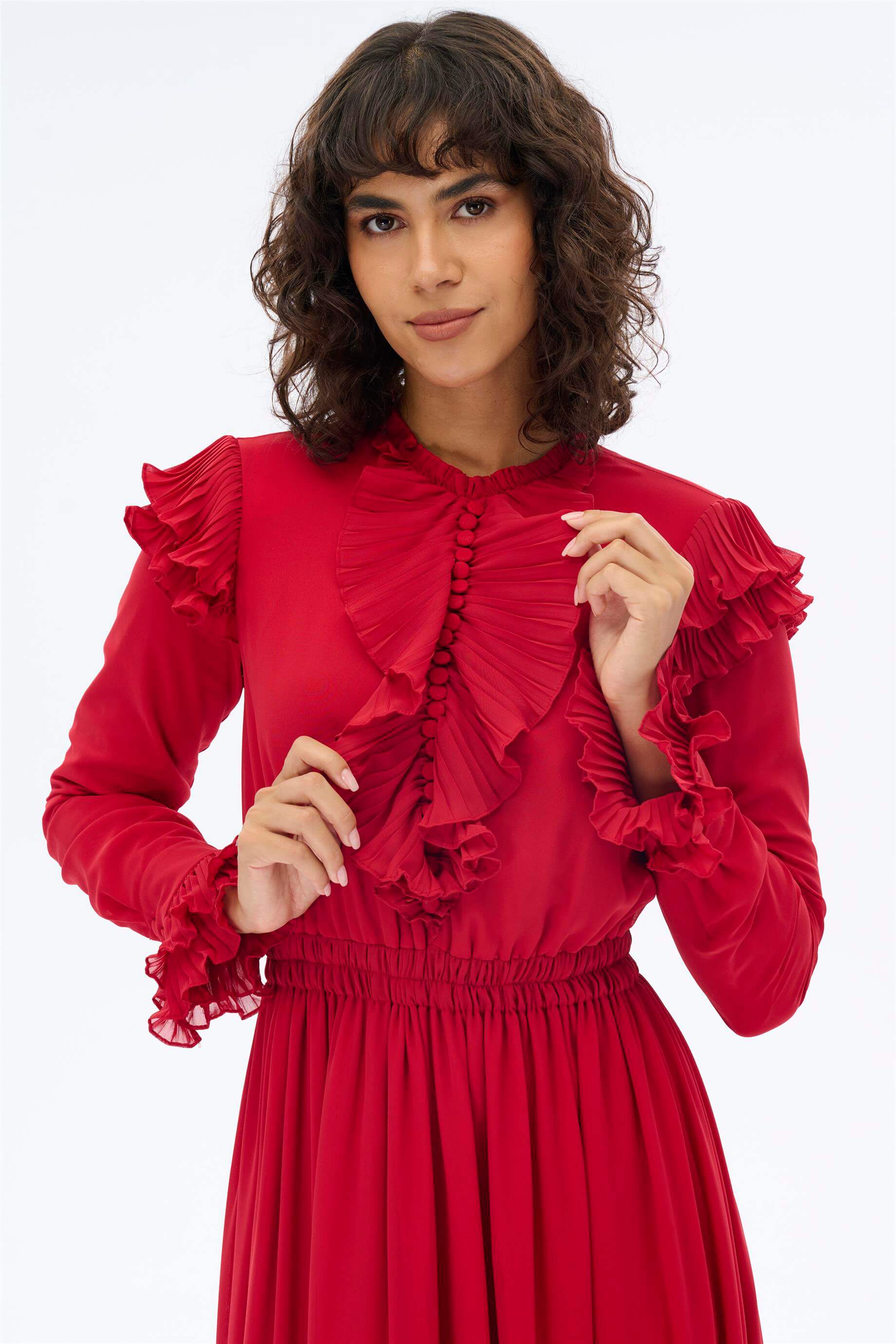 Miha-Yaka Detayı Pi̇li̇seli̇ Retro Elbi̇se-Elbise-4-Milagron.com