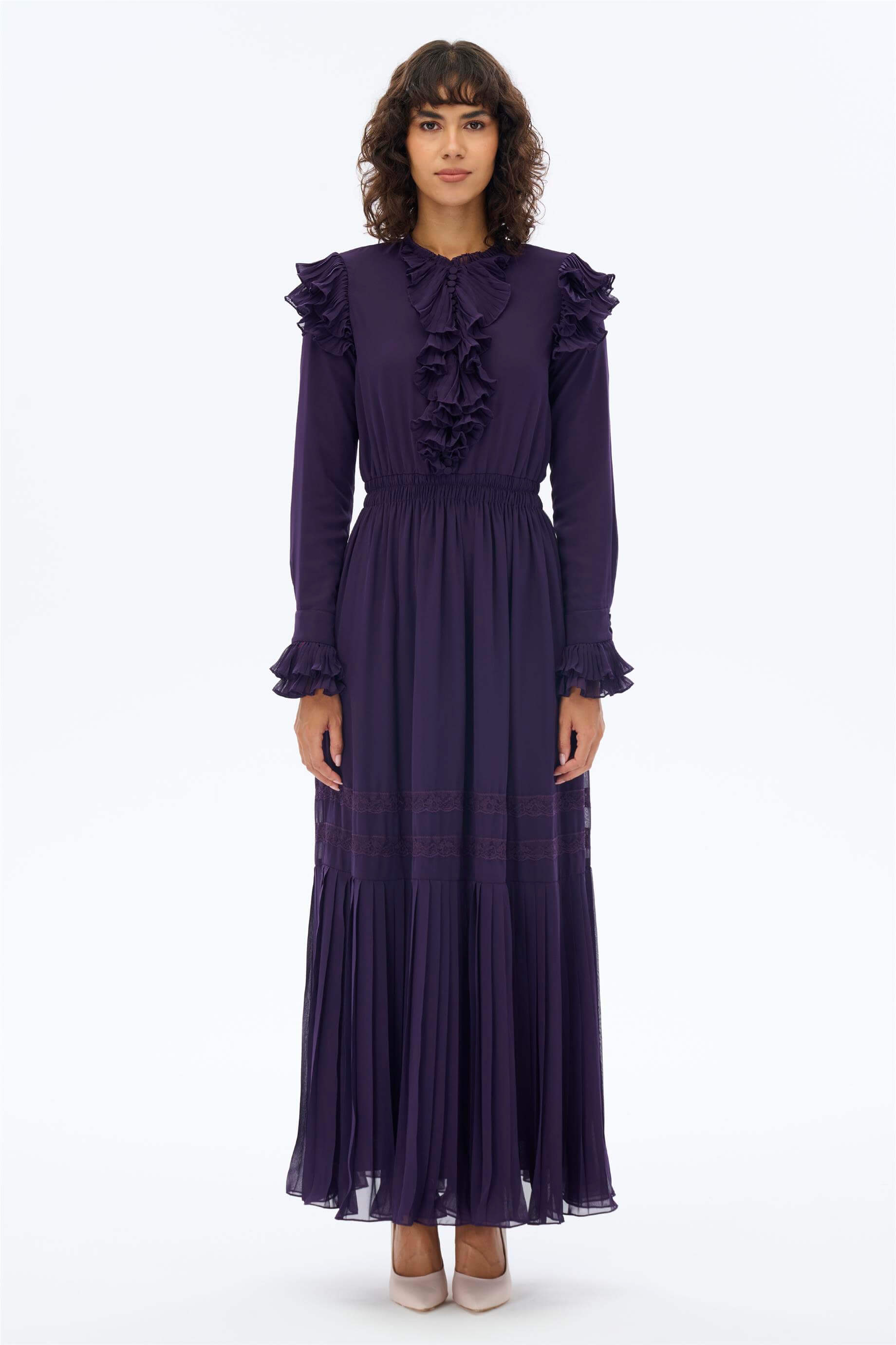 Miha-Yaka Detayı Pi̇li̇seli̇ Retro Elbi̇se-Elbise-5-Milagron.com