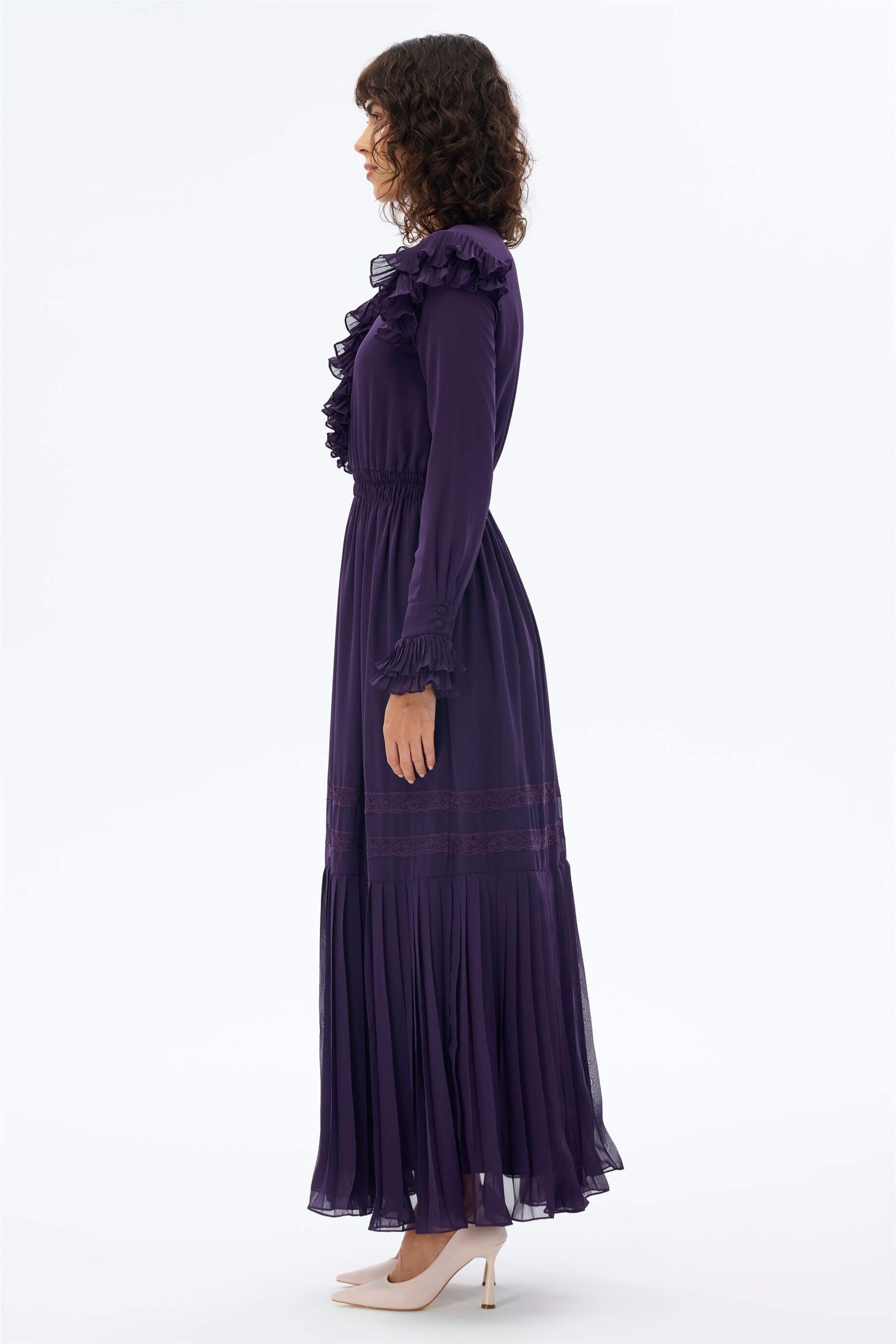 Miha-Yaka Detayı Pi̇li̇seli̇ Retro Elbi̇se-Elbise-6-Milagron.com