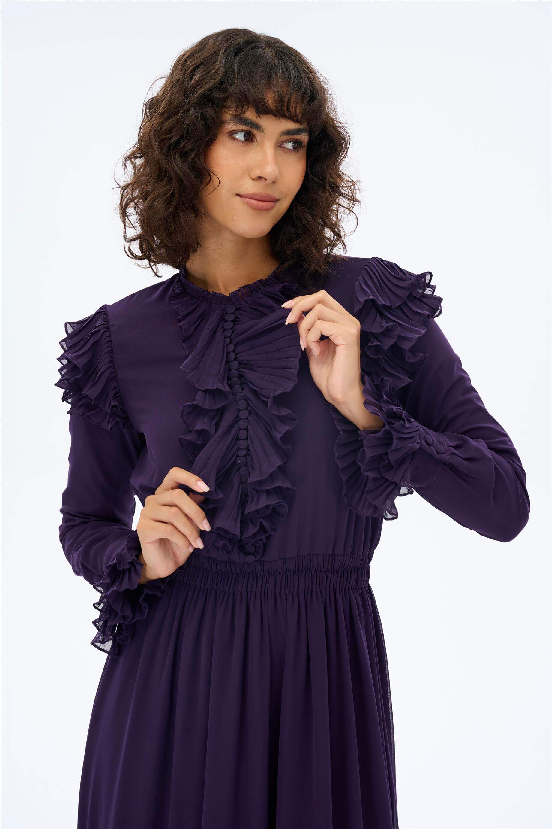 Miha-Yaka Detayı Pi̇li̇seli̇ Retro Elbi̇se-Elbise-8-Milagron.com