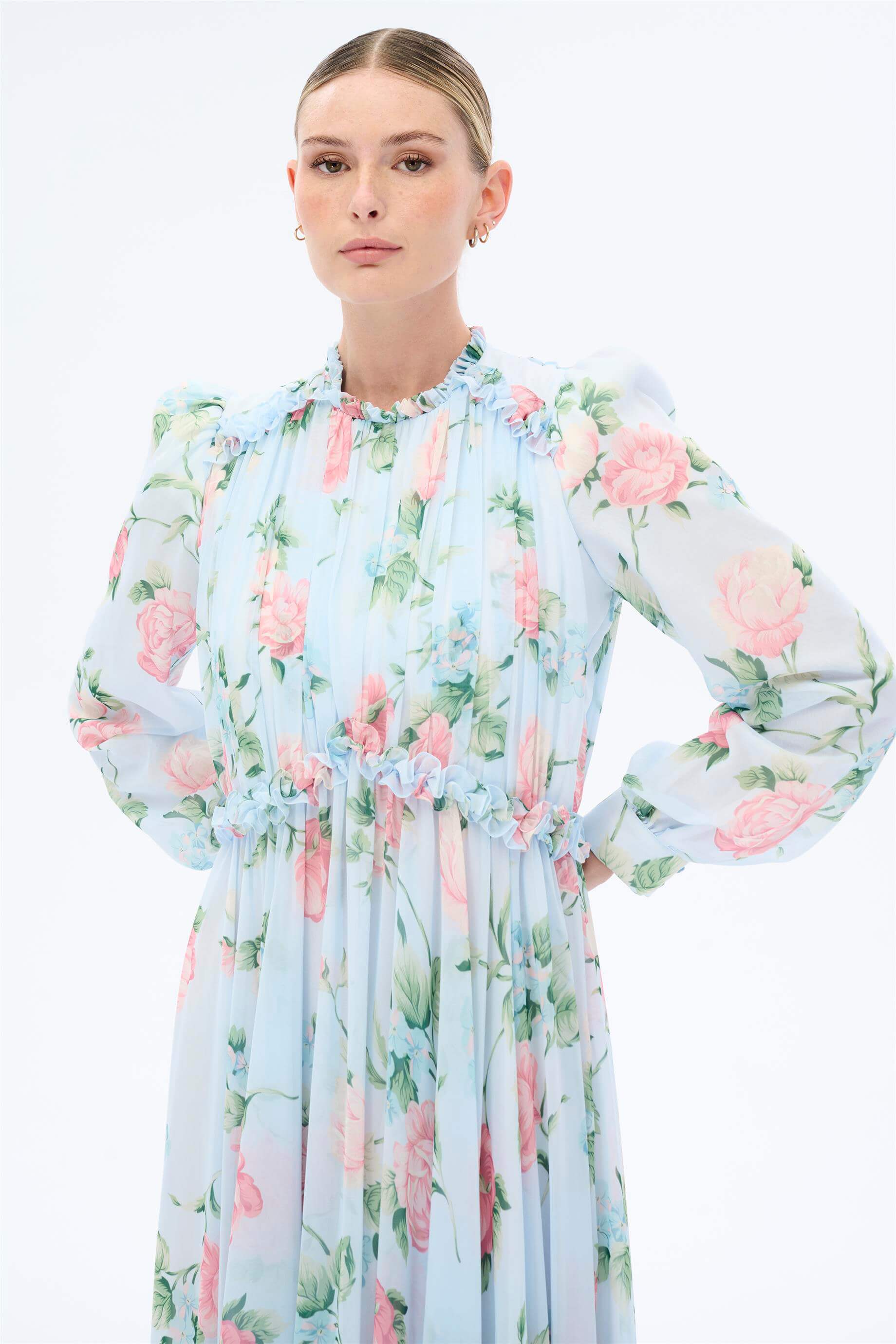 Miha-Yakası Büzgü Detaylı Çi̇çek Desenli̇ Elbi̇se-Elbise-10-Milagron.com