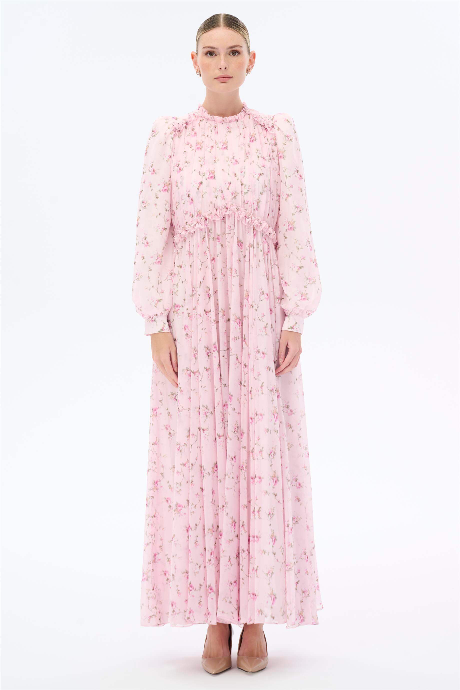 Miha-Yakası Büzgü Detaylı Çi̇çek Desenli̇ Elbi̇se-Elbise-11-Milagron.com