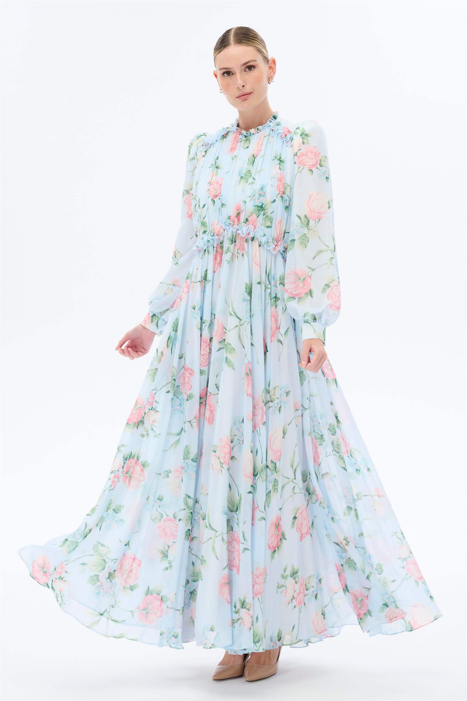 Miha-Yakası Büzgü Detaylı Çi̇çek Desenli̇ Elbi̇se-Elbise-8-Milagron.com