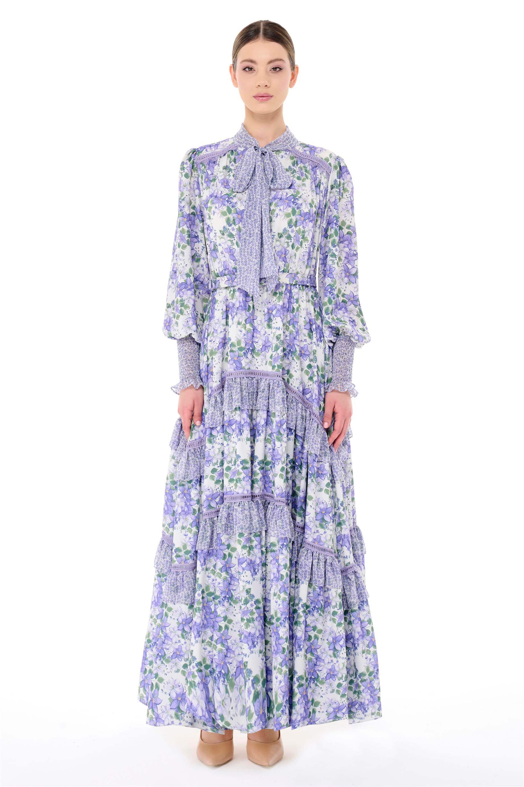 Miha-Yakası Fularlı Kat Kat Çi̇çek Desenli̇ Elbi̇se-Elbise-1-Milagron.com