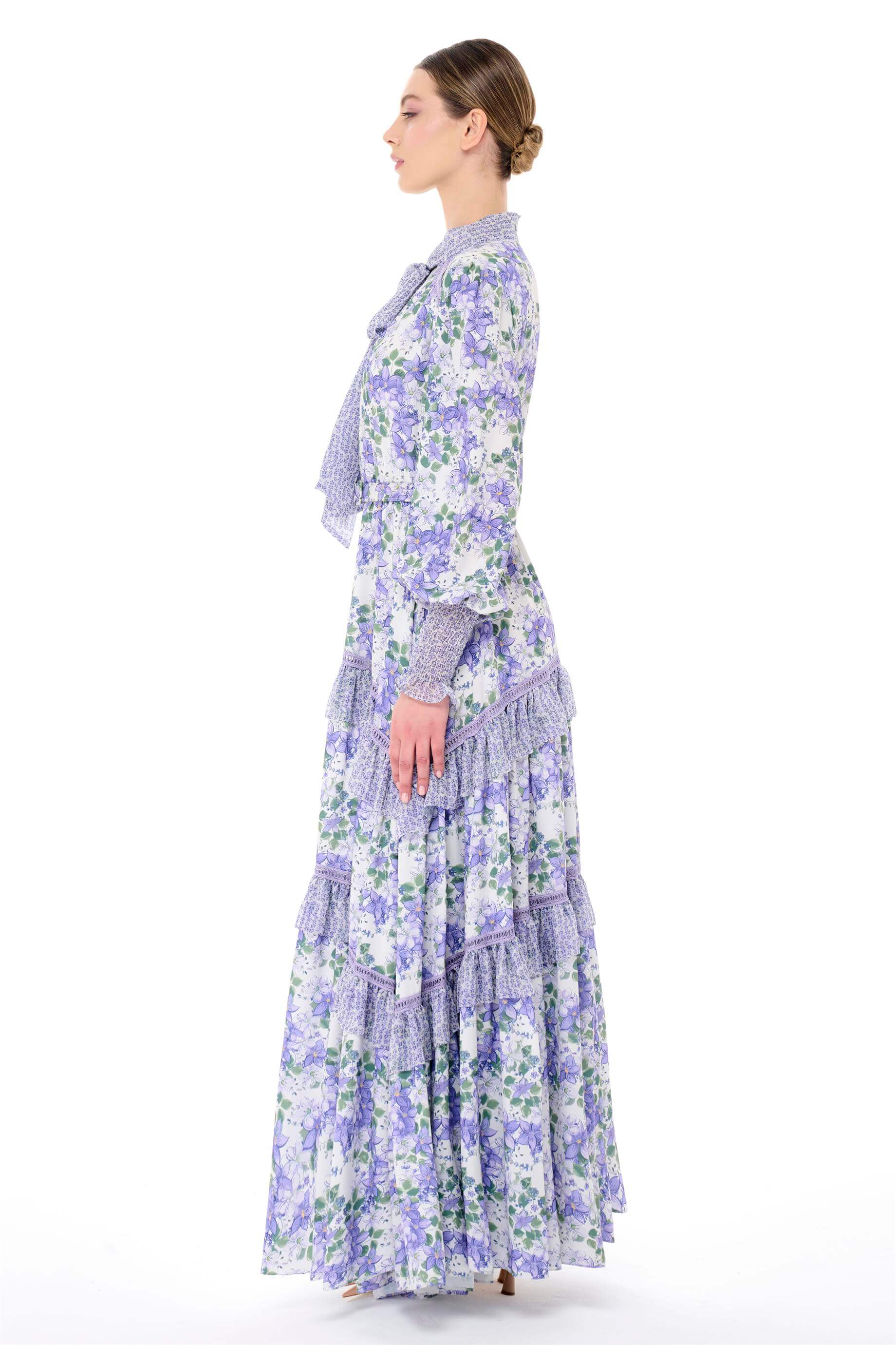 Miha-Yakası Fularlı Kat Kat Çi̇çek Desenli̇ Elbi̇se-Elbise-2-Milagron.com