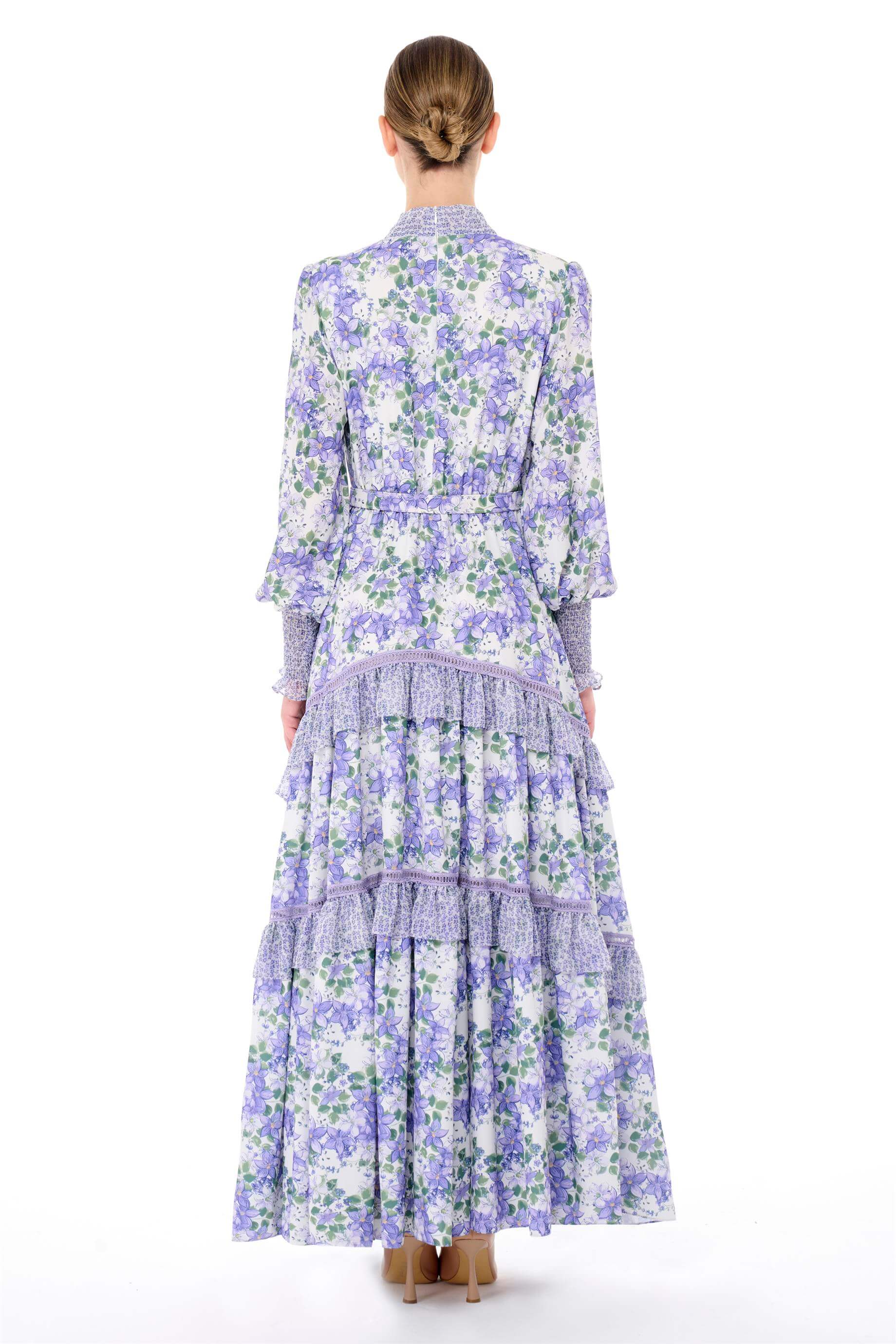 Miha-Yakası Fularlı Kat Kat Çi̇çek Desenli̇ Elbi̇se-Elbise-3-Milagron.com