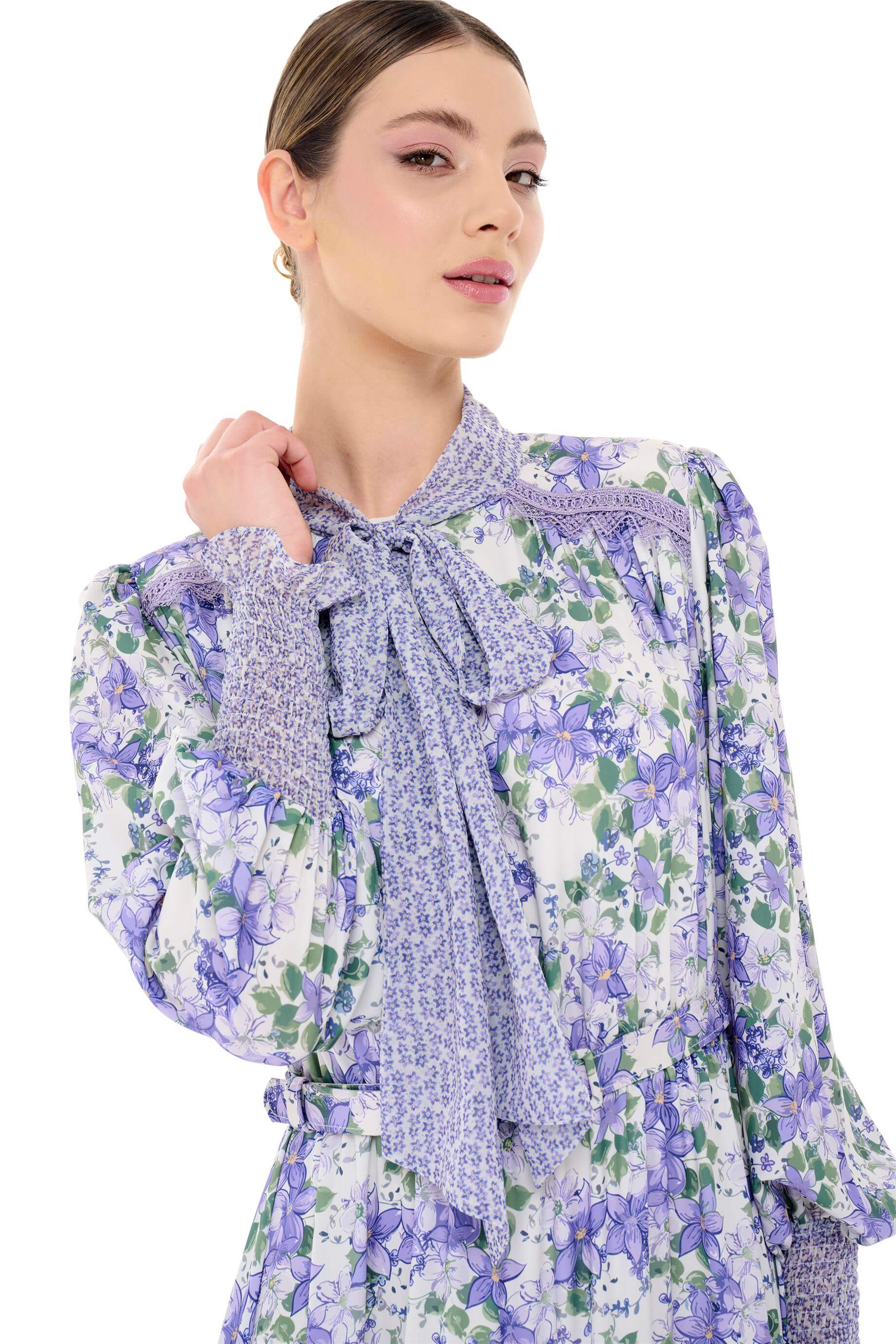 Miha-Yakası Fularlı Kat Kat Çi̇çek Desenli̇ Elbi̇se-Elbise-4-Milagron.com