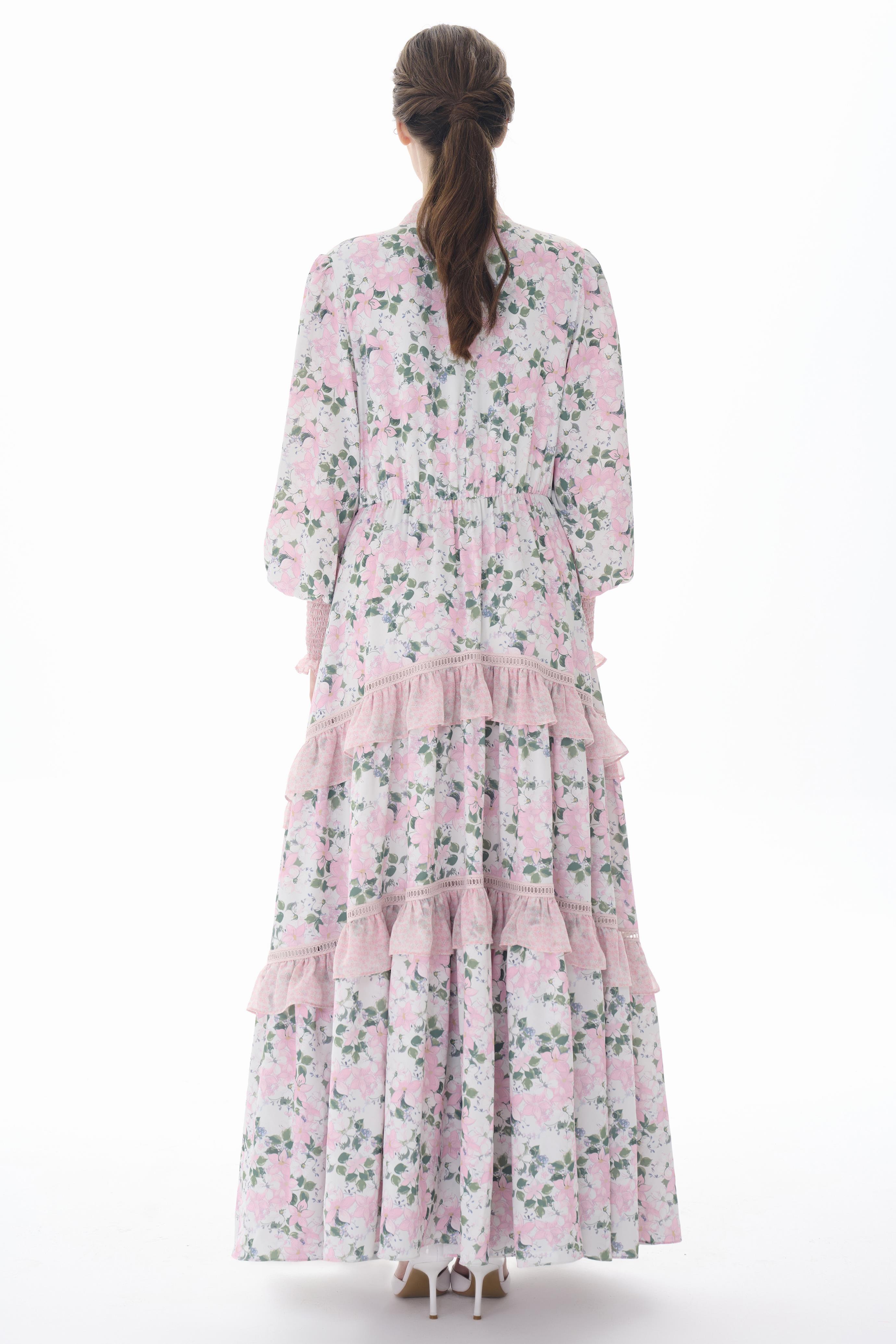 Miha-Yakası Fularlı Kat Kat Çi̇çek Desenli̇ Elbi̇se-Elbise-7-Milagron.com