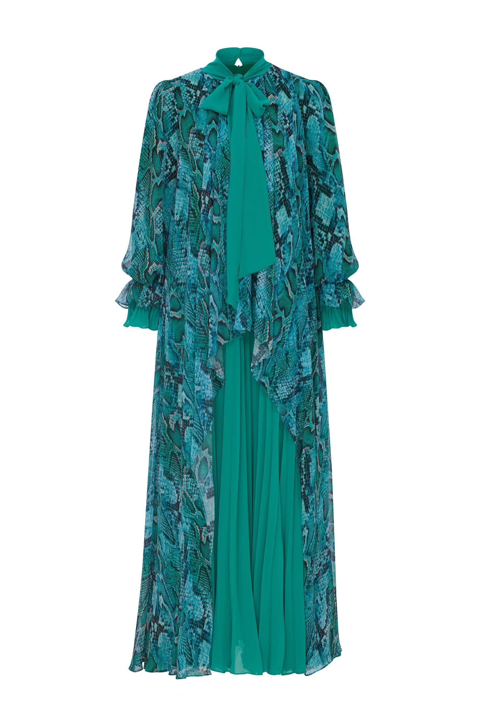 Miha-Yakası Fularlı Pileli Elbise-Elbise-3-Milagron.com