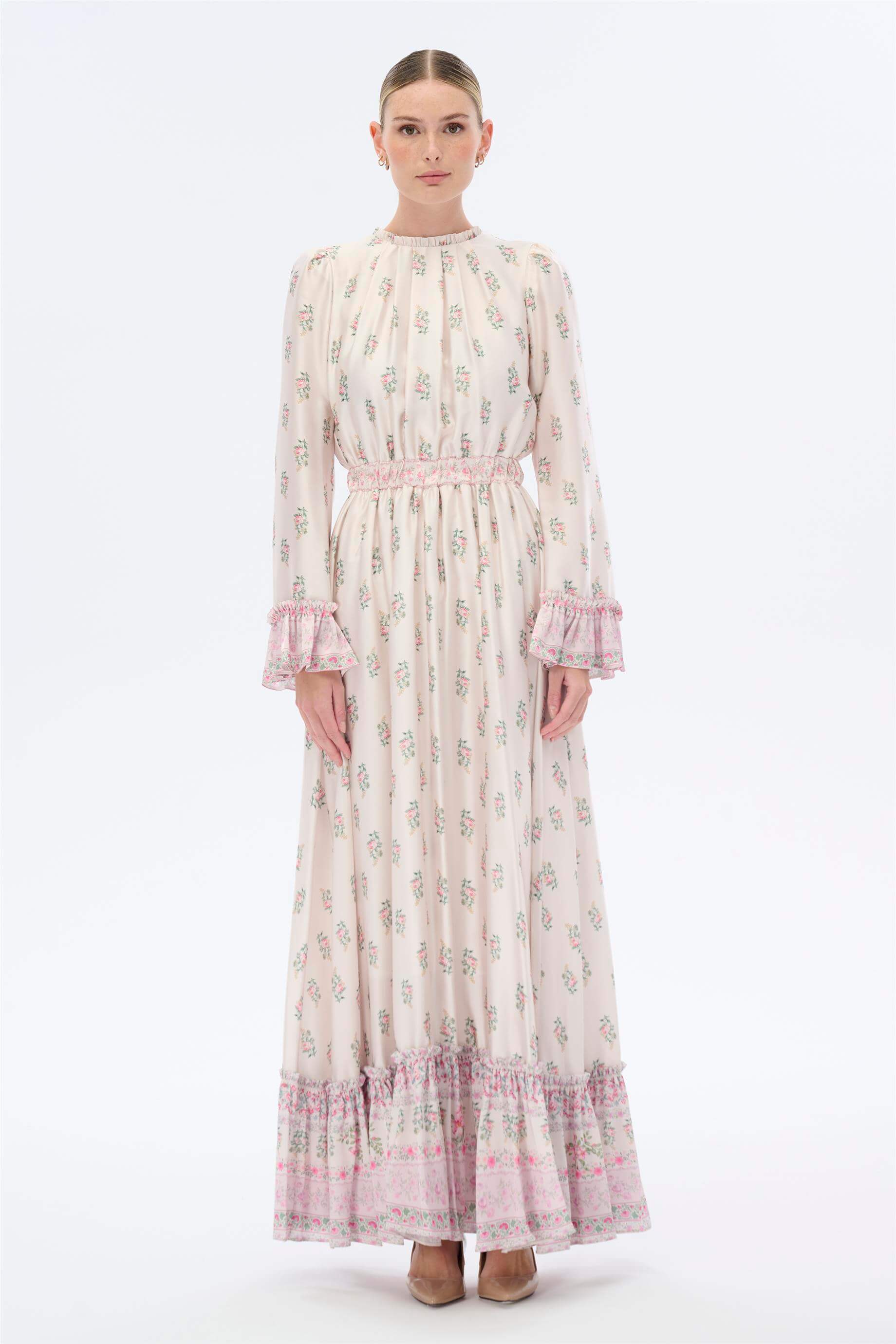 Miha-Yakası Ve Manşet Ağzı Büzgü Detaylı Uzun Elbi̇se-Elbise-1-Milagron.com