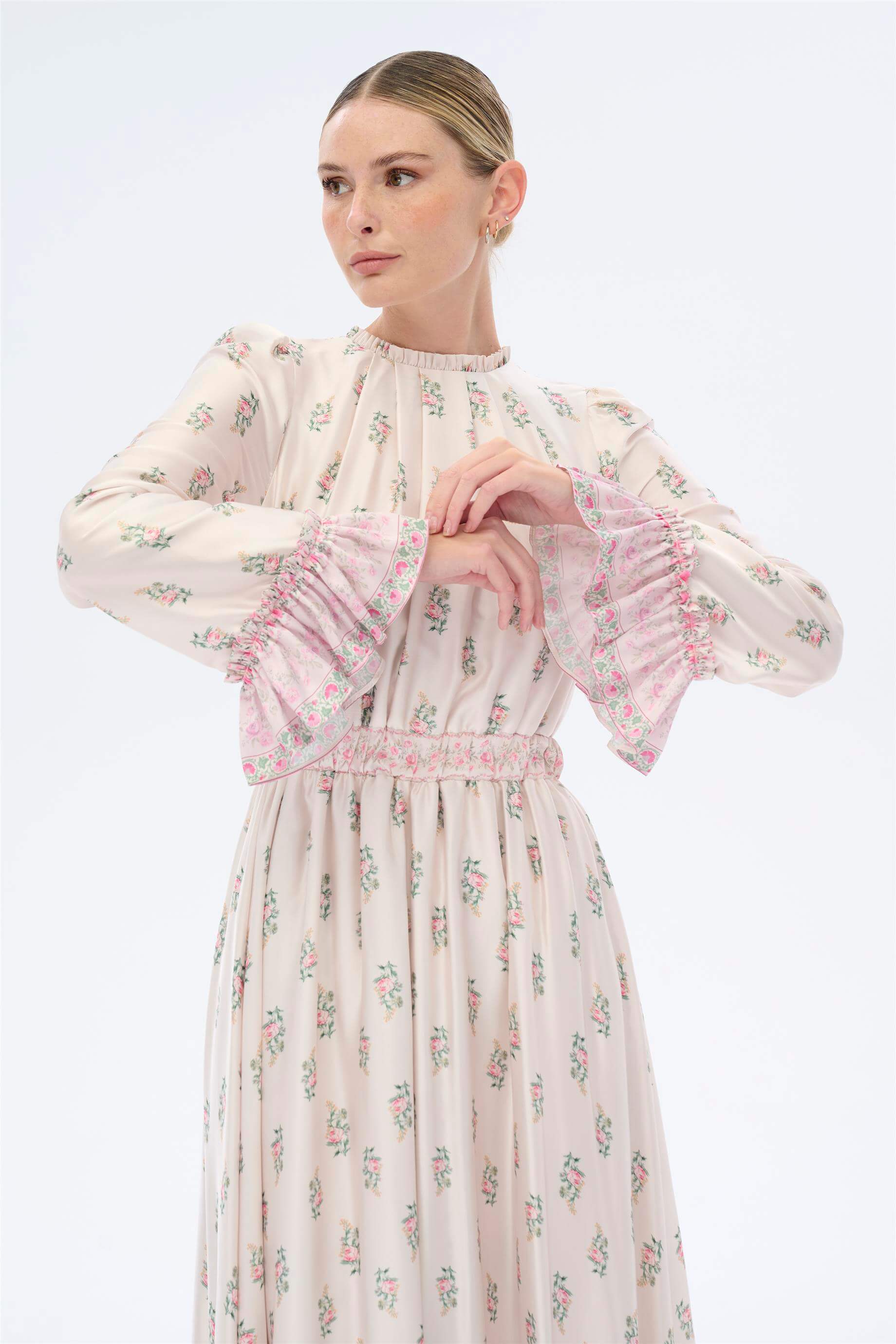 Miha-Yakası Ve Manşet Ağzı Büzgü Detaylı Uzun Elbi̇se-Elbise-4-Milagron.com