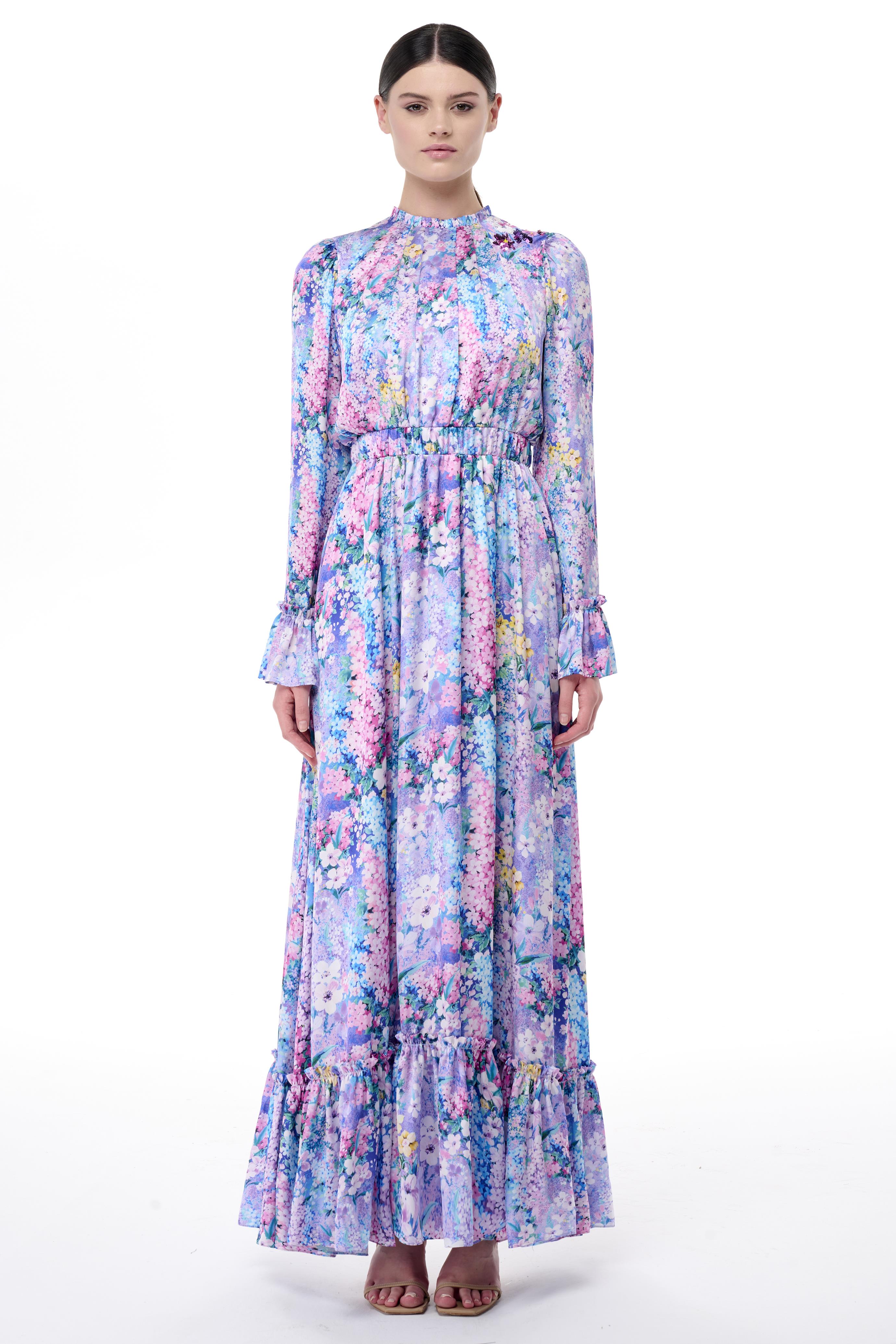 Miha-Yakası Ve Manşet Ağzı Büzgülü Uzun Elbi̇se-Elbise-1-Milagron.com