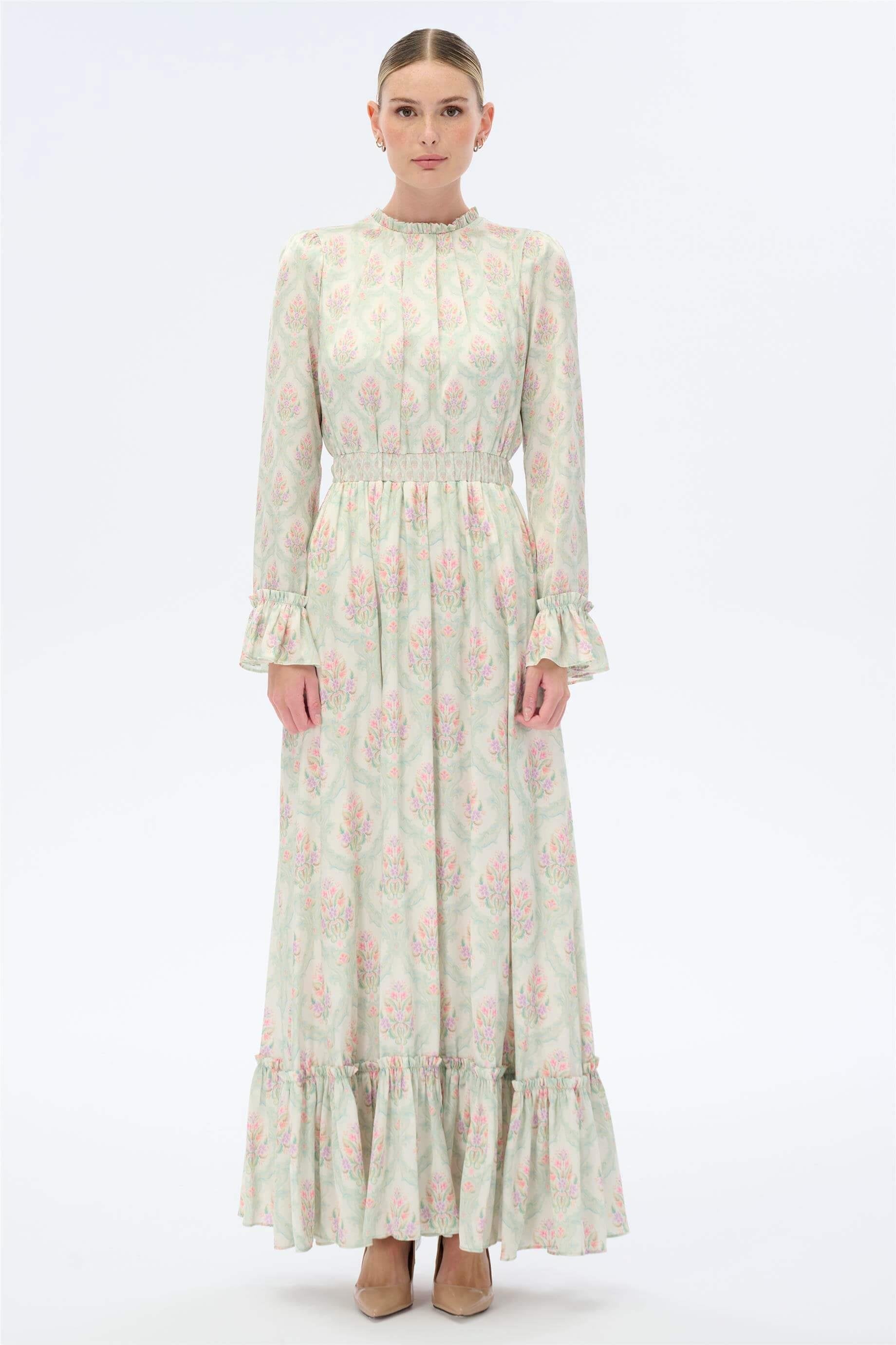 Miha-Yakası Ve Manşet Ağzı Büzgülü Uzun Elbi̇se-Elbise-5-Milagron.com