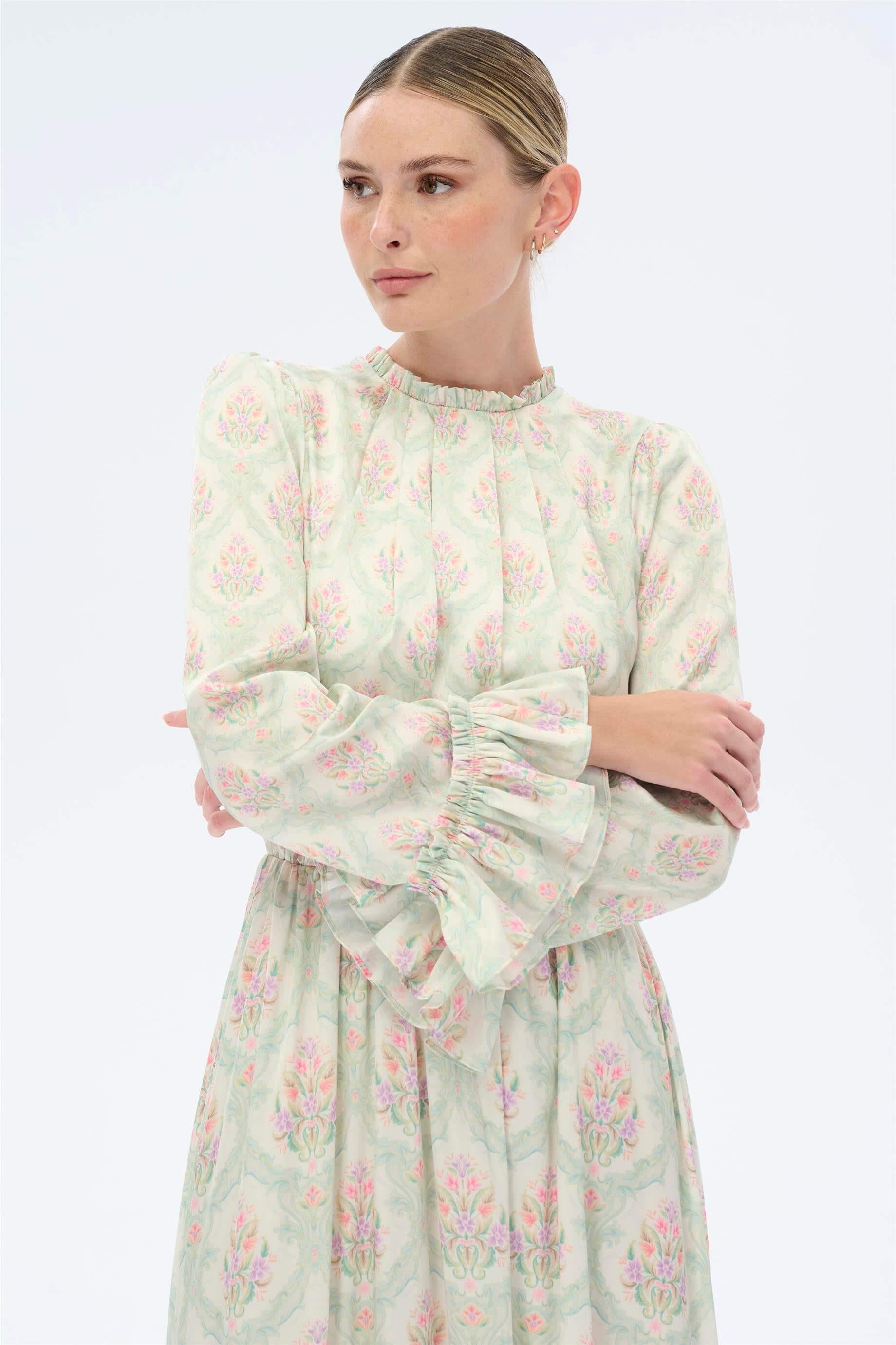 Miha-Yakası Ve Manşet Ağzı Büzgülü Uzun Elbi̇se-Elbise-8-Milagron.com