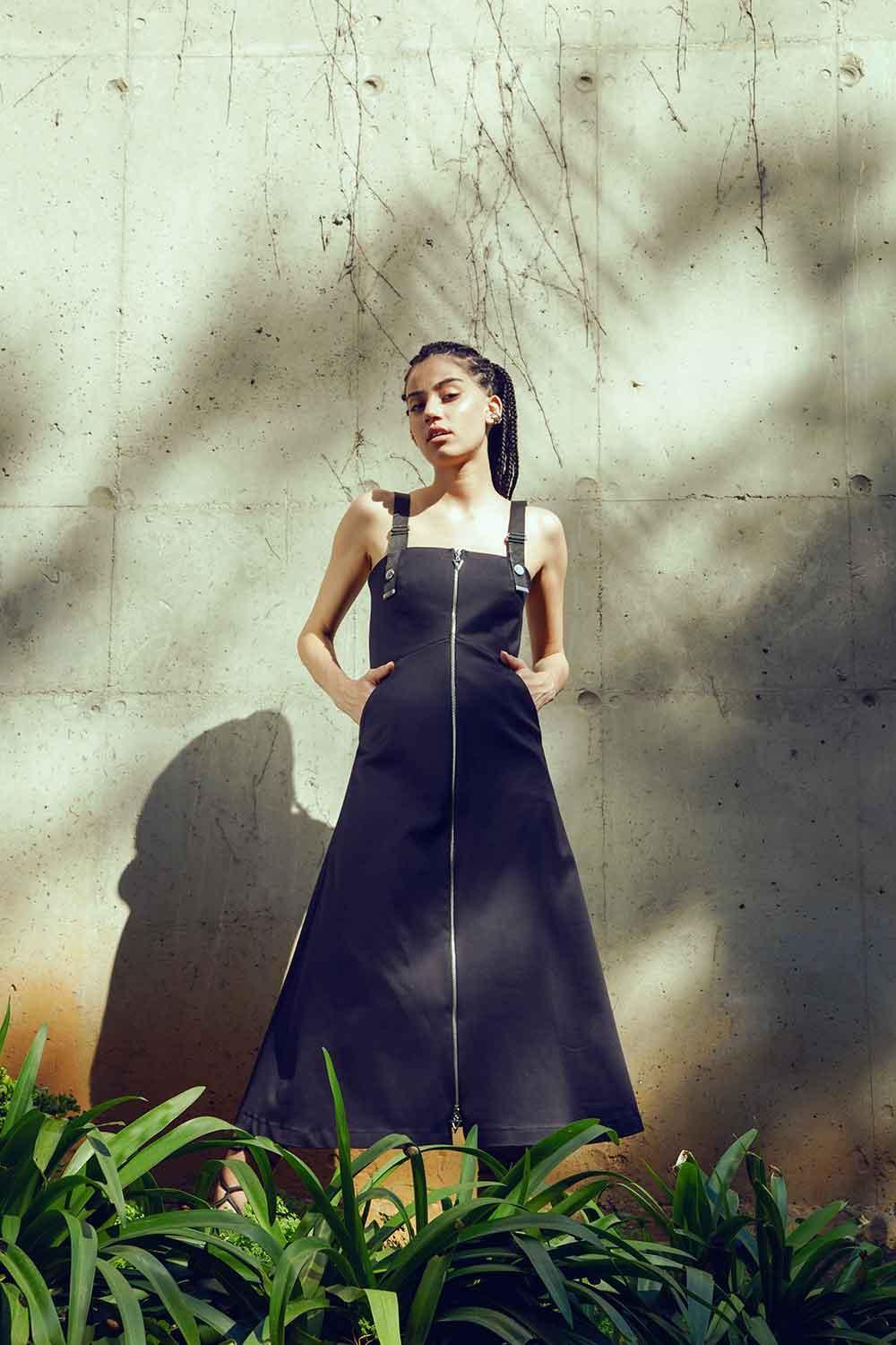 Mirimalist-Ada Zipper Midi Dress Black-Elbise-2-Milagron.com