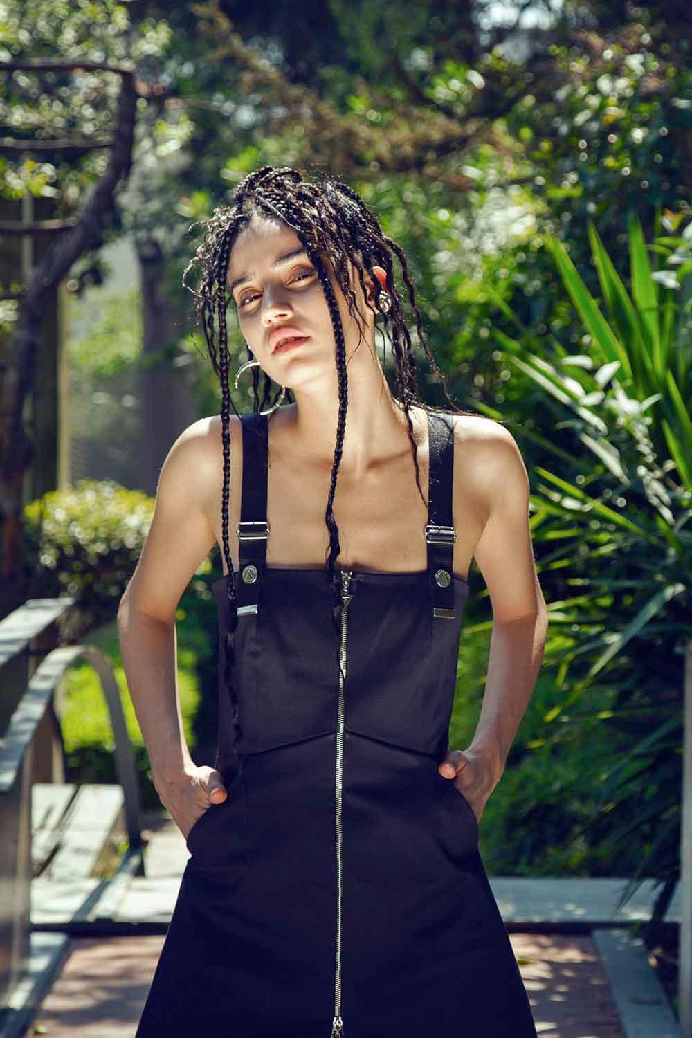 Mirimalist-Ada Zipper Midi Dress Black-Elbise-3-Milagron.com