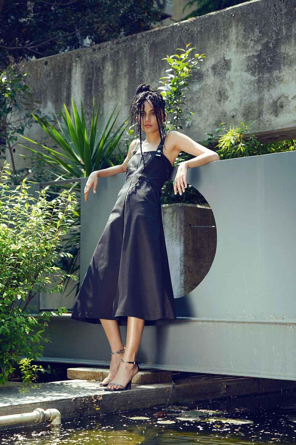 Mirimalist-Ada Zipper Midi Dress Black-Elbise-4-Milagron.com