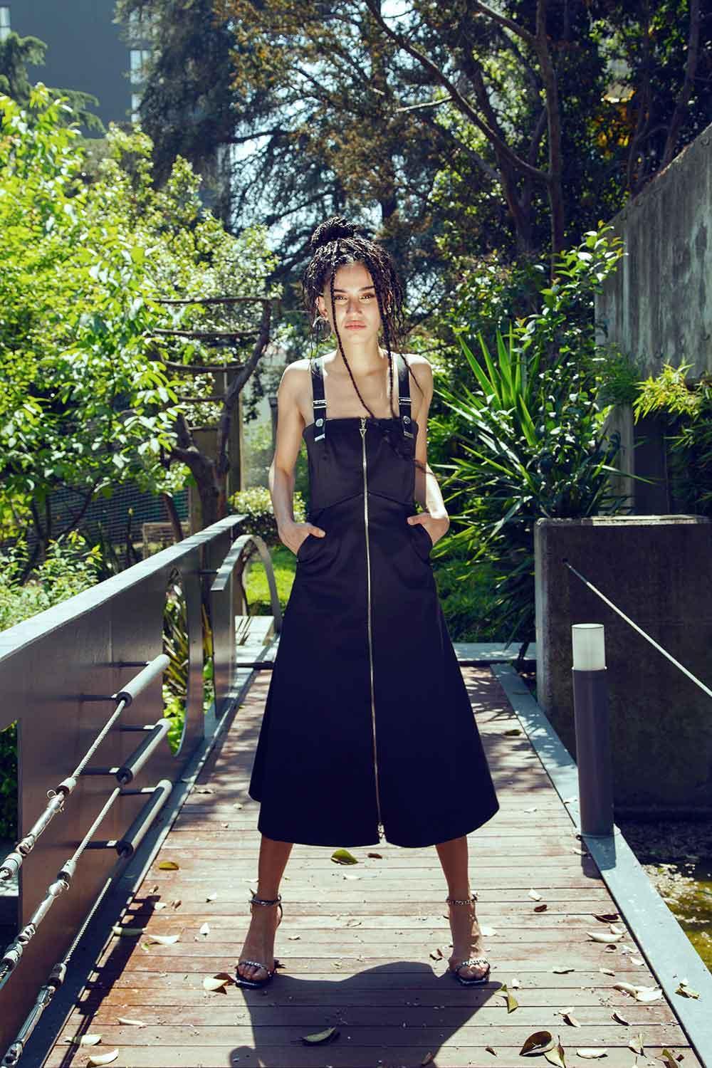 Mirimalist-Ada Zipper Midi Dress Black-Elbise-5-Milagron.com