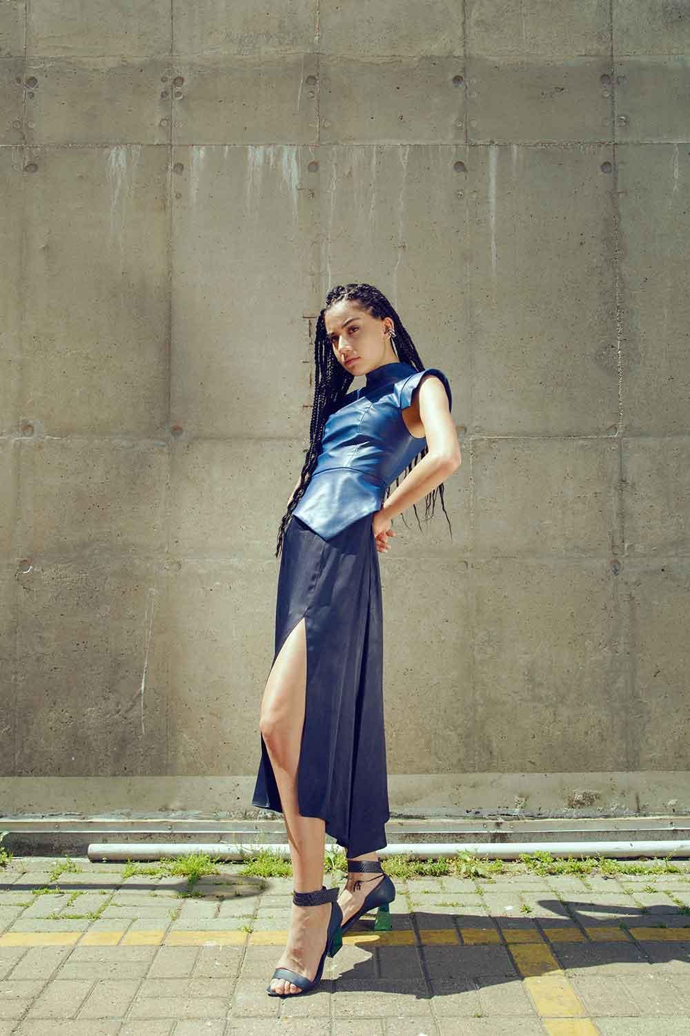 Mirimalist-Concrete Navy Midi Dress-Elbise-3-Milagron.com