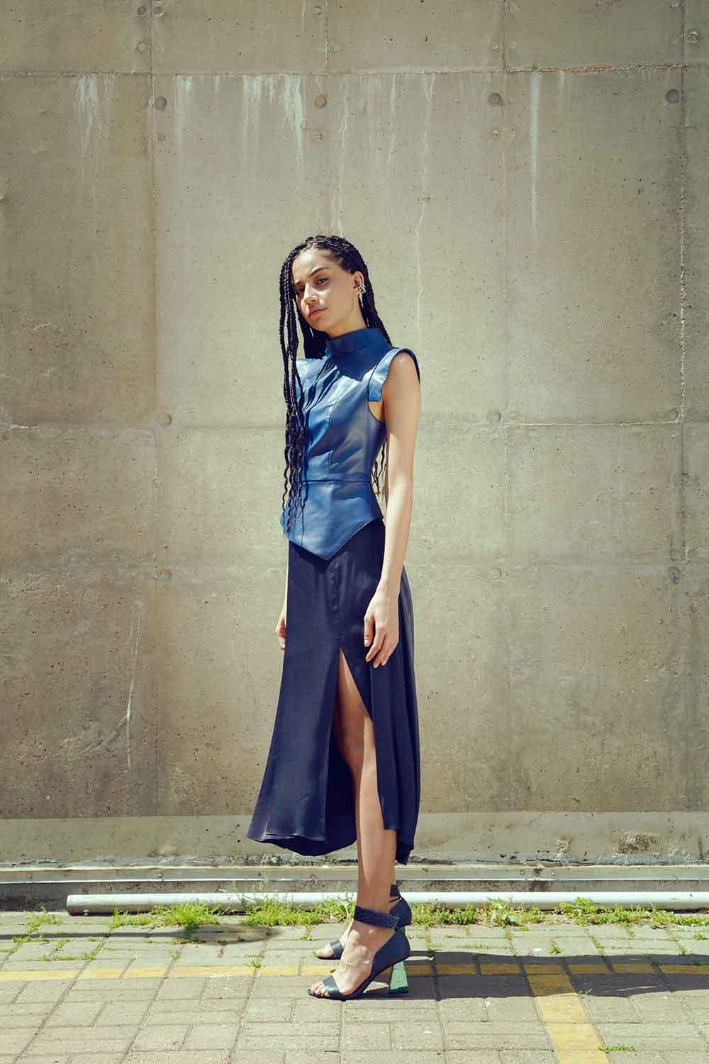 Mirimalist-Concrete Navy Midi Dress-Elbise-5-Milagron.com