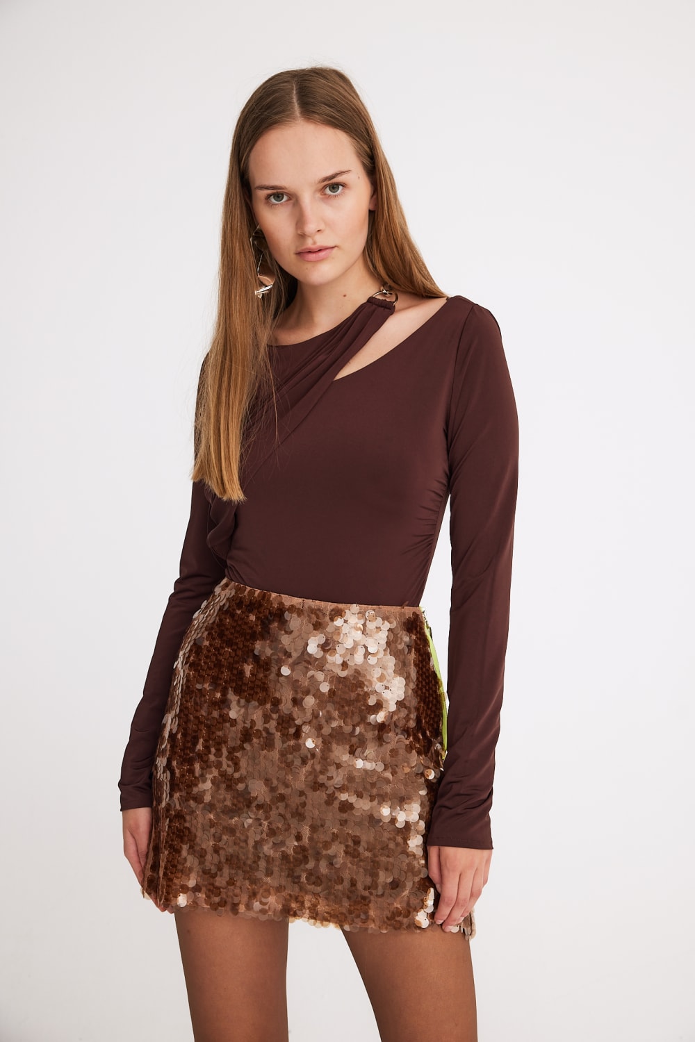 Mirimalist-Sepia Sequin Mini Skirt-Etek-4-Milagron.com