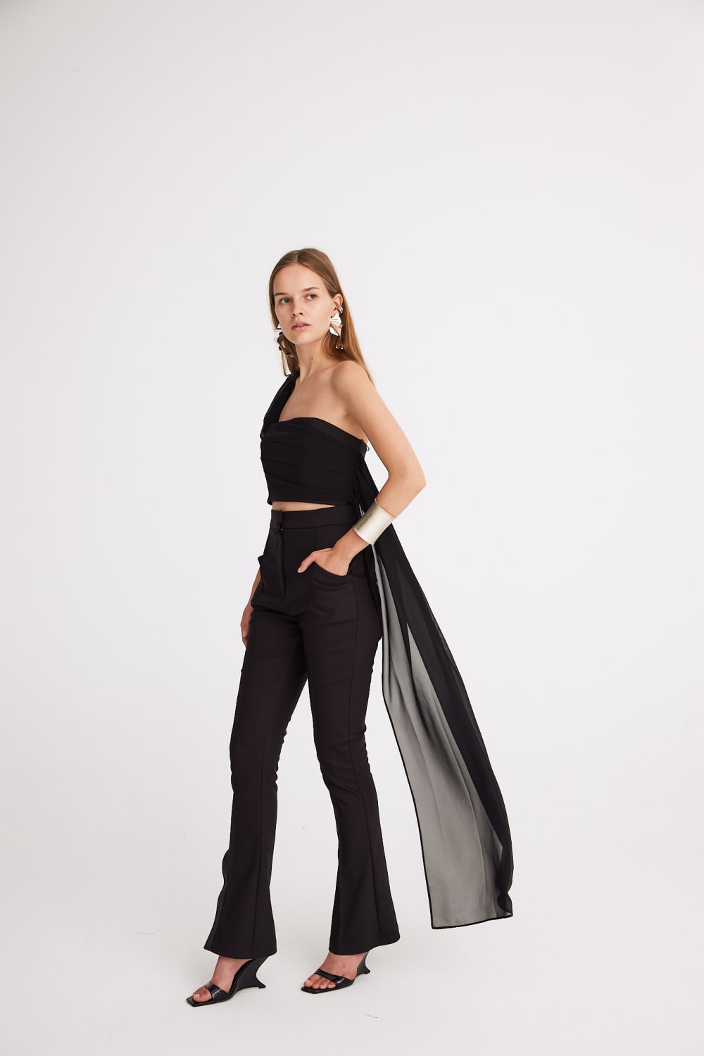 Mirimalist-Siyah Şifon Drape Büstiyer-Top-1-Milagron.com