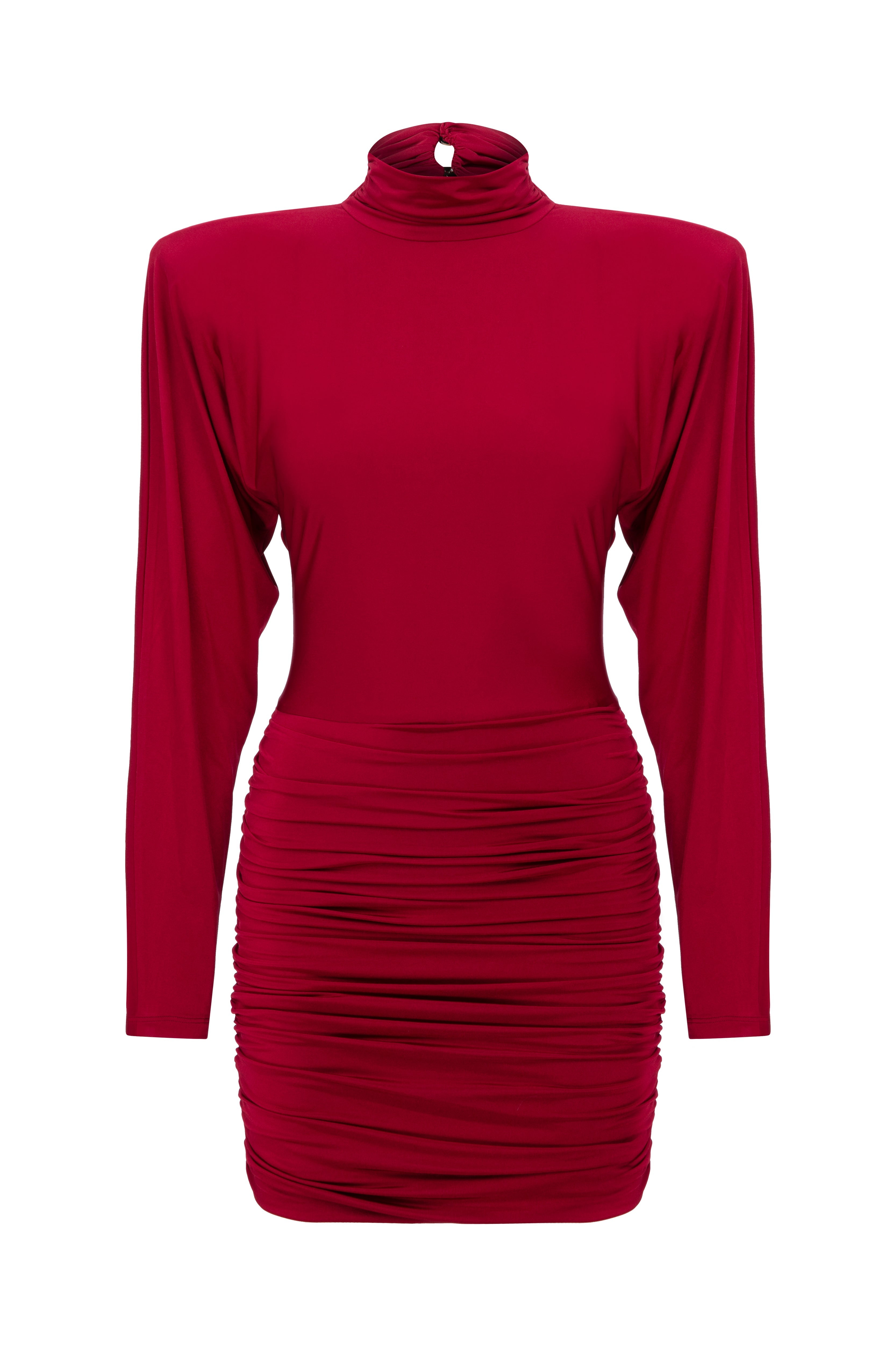 Mystérieuse Nuit Burgundy - Drapeli Yüksek Yaka Mini Elbise