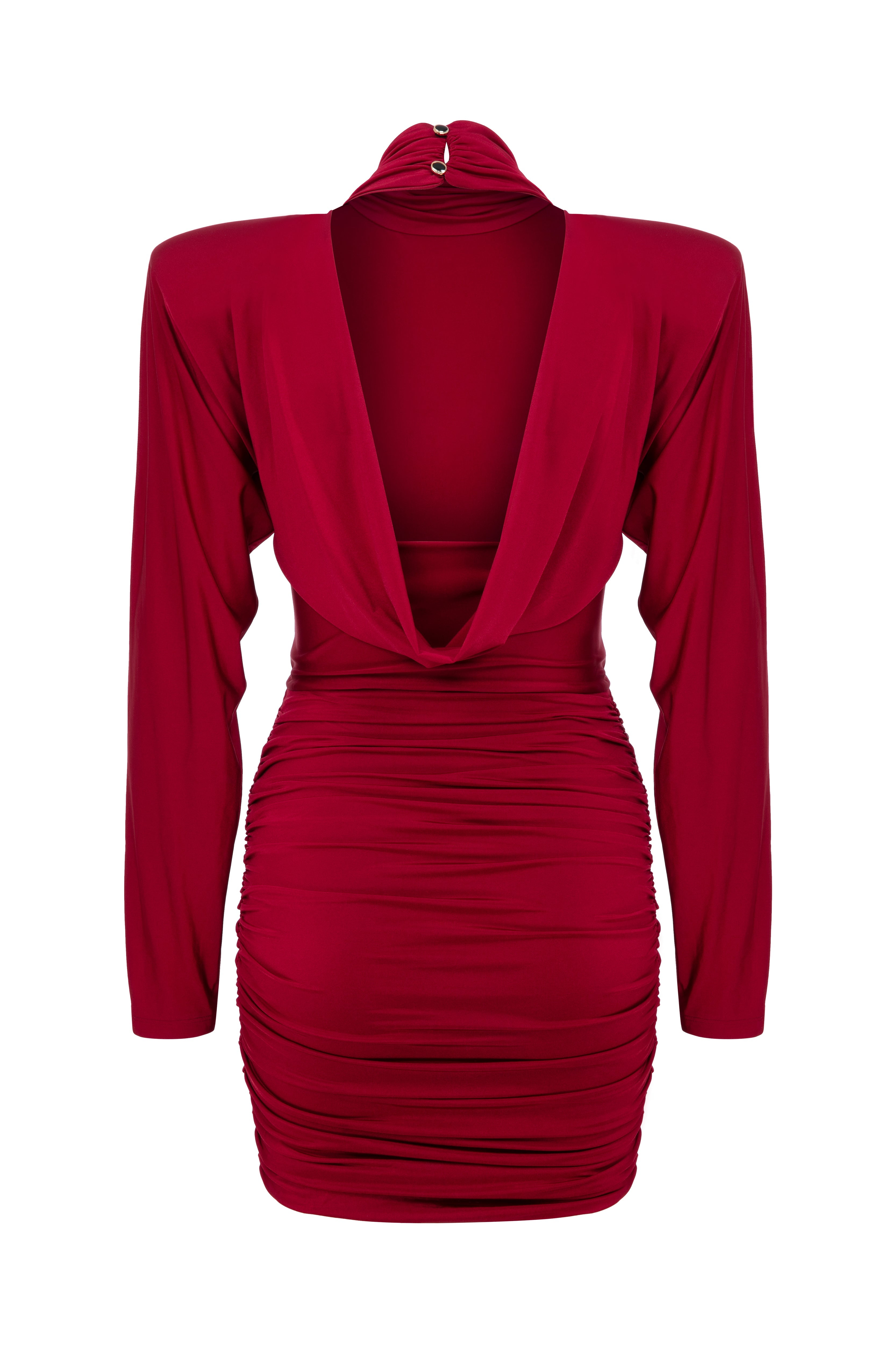 Misole-Mystérieuse Nuit Burgundy Drapeli Yüksek Yaka Mini Elbise-Dress-2-Milagron.com