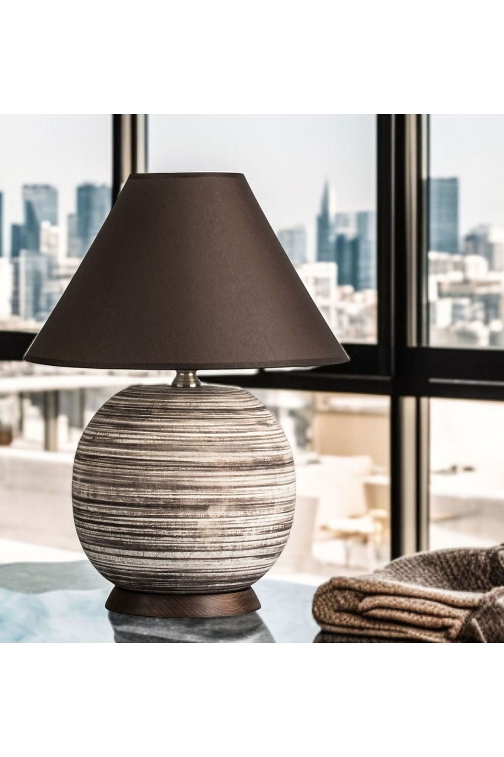 Kahire Serisi Kahve Tonlarında Çizgili Seramik Abajur Kahve Başlık - 1