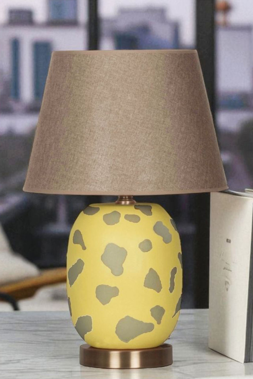 Moena Studio-Modern Marakesh Seramik Abajur– Sarı Üzerine Yeşil Desenli El Yapımı Tasarım-Abajur-5-Milagron.com