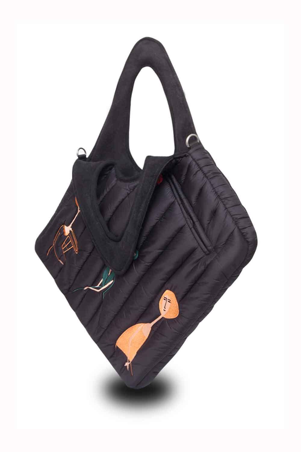 Morikukko-Modigliani Desen Siyah Puff Kapitone Diagonal Omuz Çantası-Omuz Çantası-2-Milagron.com